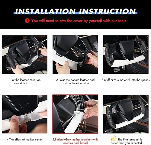 Miniatura 9 de MEWANT Funda para volante de automóvil de fibra de carbono brillante y piel sintética perforada para Tesla Yoke Model S Plaid 2021-2023Model X