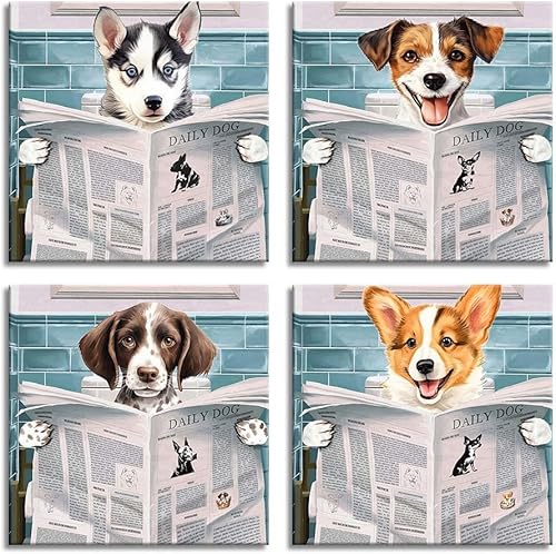 Miniatura 2 de Divertidas imágenes artísticas de pared de perro sentado en el inodoro, lectura de periódicos, impresiones sobre lienzo, lindo perro, decoración