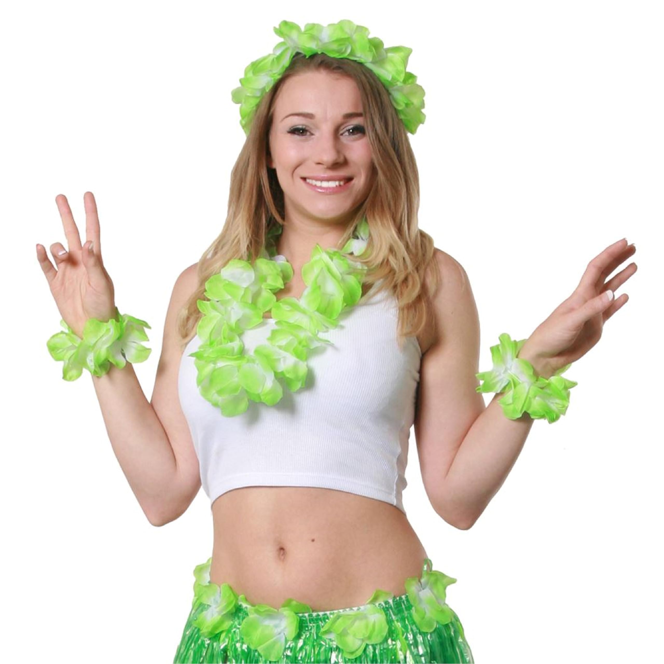 6 Piece Green Hawaiian Flower Lei Set - 1x Flower Lei Necklace, 1x Floral Headband and 2x Flower Bracelets - Perfect for Summer & Hawaiian Fancy Dress - Pack of 12 — image 1