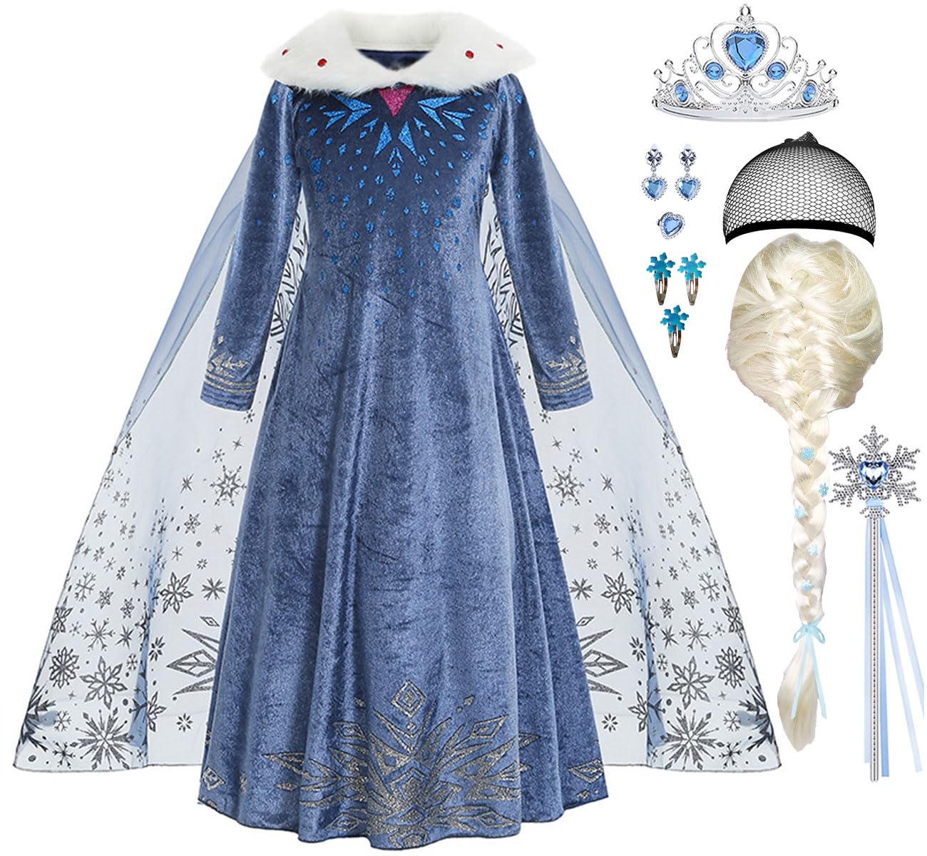 ZaisuiFun Disfraz de Princesa Elsa para Niñas Vestido Frozen Azul Manga Larga Calentito con Cuello de Peluche para Halloween Cumpleaños Canarval