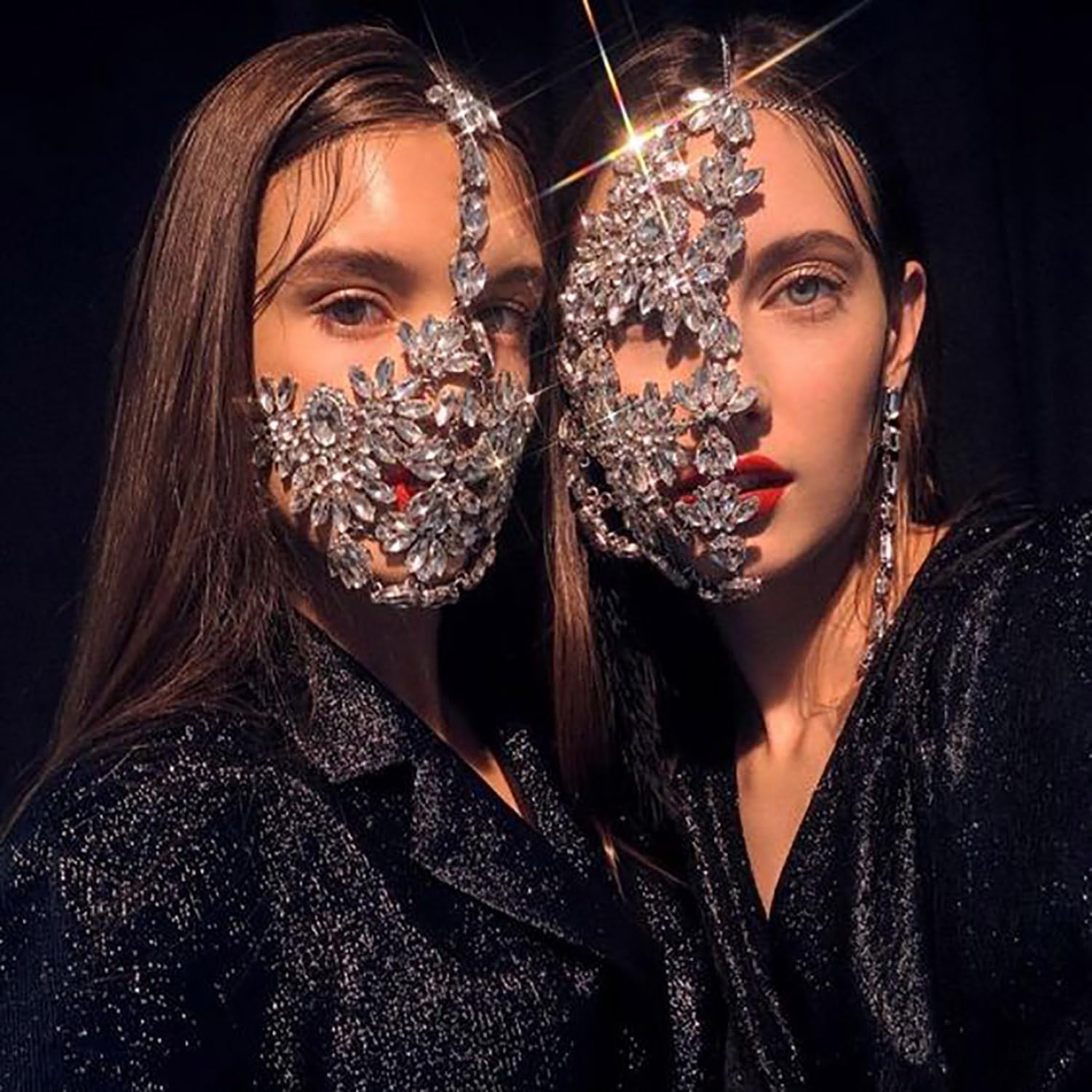 STONEFANS Rhinestone Masquerade Mask Full Face Jewelry for Women Mardi Gras Mask Crystal Face Chain Jewelry