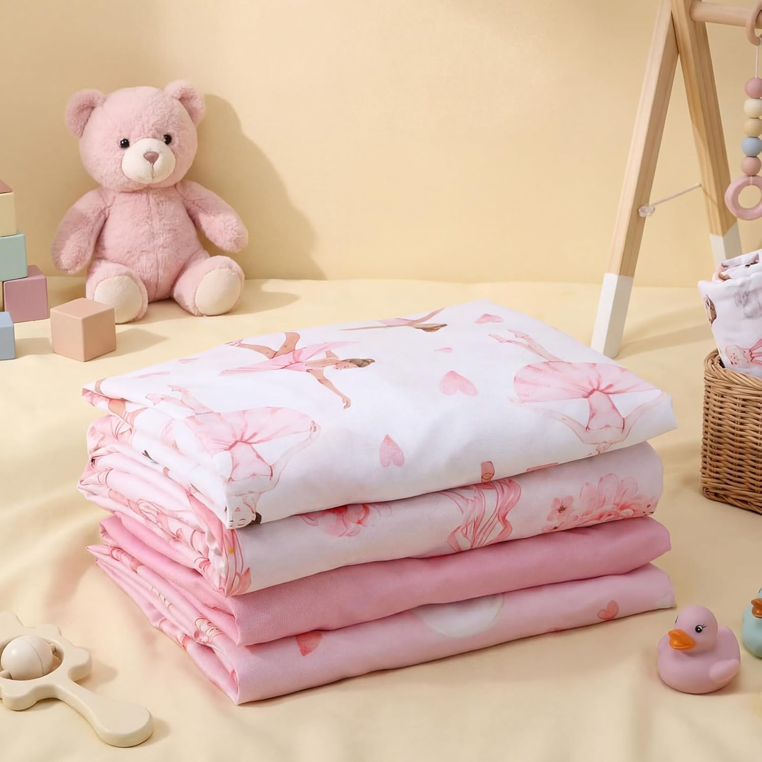 VitalCozy 4 Pcs Pink Bow Ballerina Crib Sheet Set Newborn Bedding Nursery Baby Sheets for Girl Boys Baby Gifts for Standard Crib and Toddler Mattresses, 52 x 28 x 8 Inches