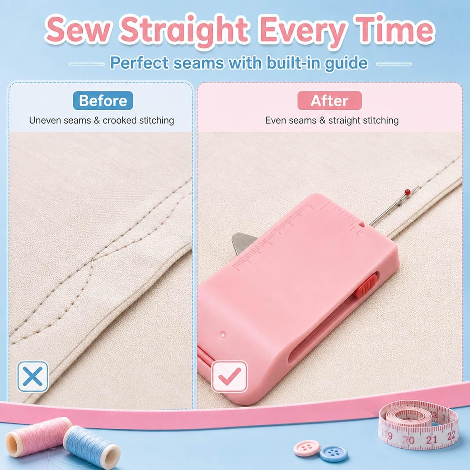 2-Piece Set sewing seam guide and ripper, Blue and Pink