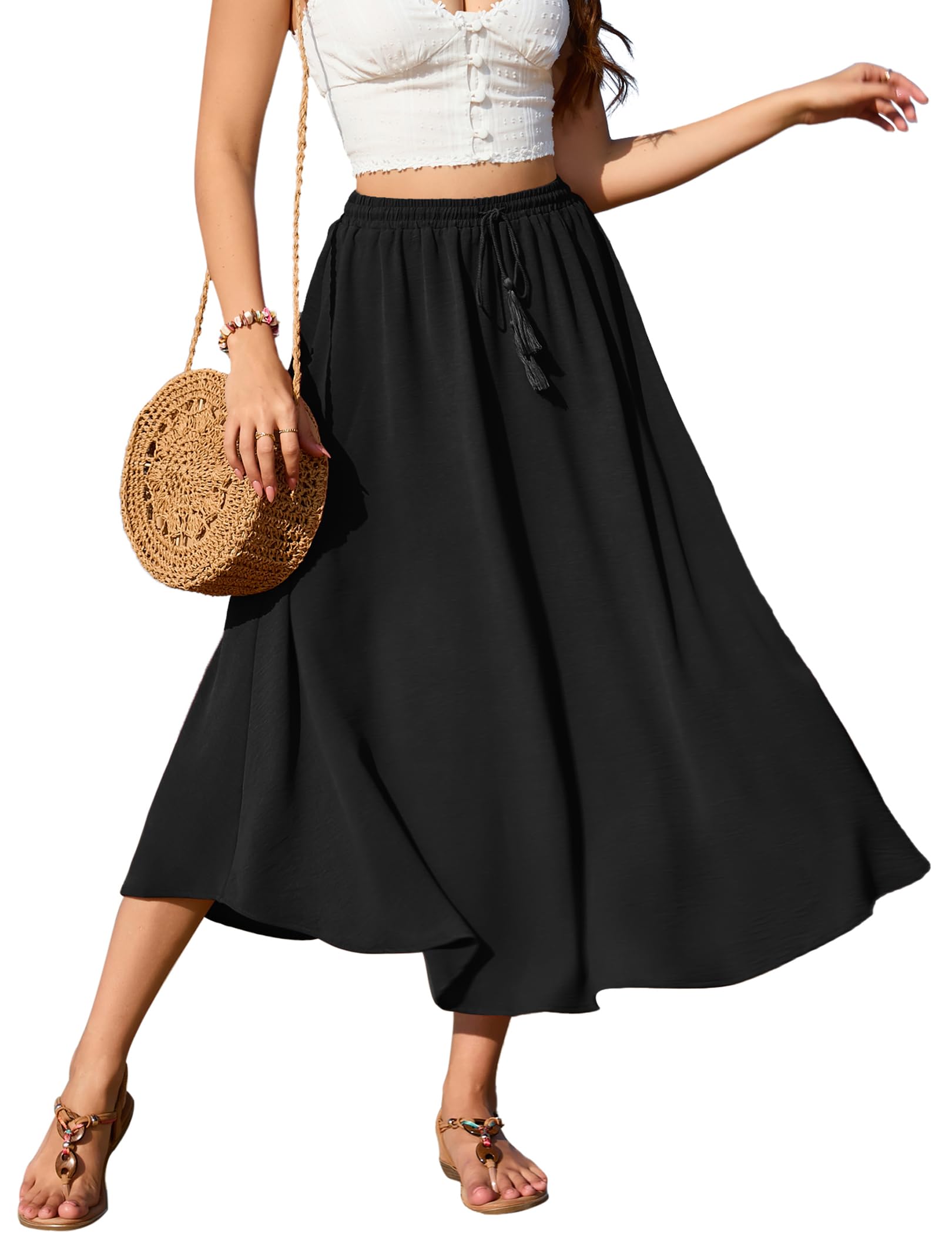 Zeagoo Rock Damen Lang Elegant Röcke Hohe Taille Sommer Maxirock Mit Kordelzug Einfarbig Casual Freizeitrock Hochzeit Cocktail Skirt