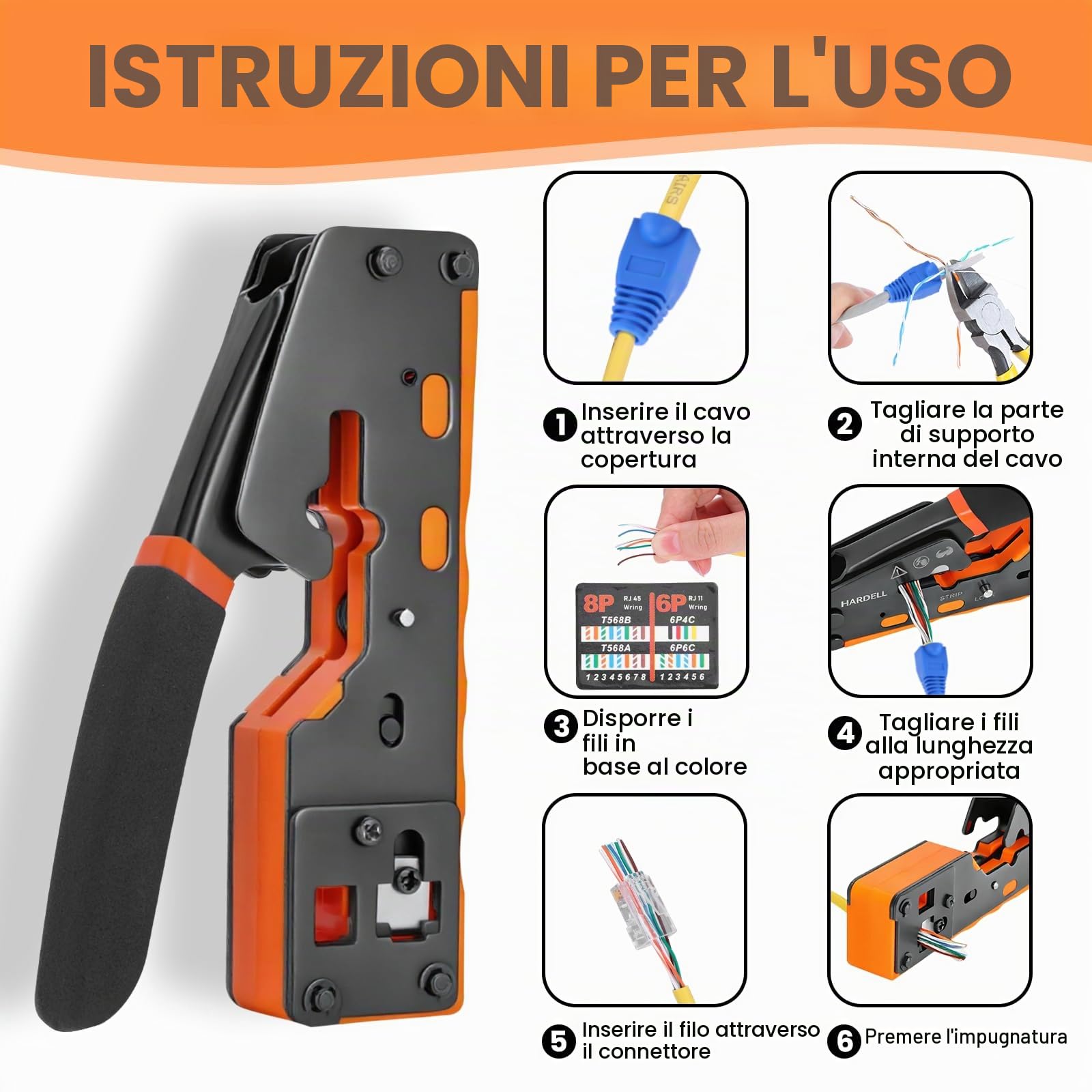 HARDELL Pinza Crimpatrice RJ45, Crimpatore Ethernet Passante per Connettori RJ11/RJ45 Cat5/Cat6, Kit Completo con Schema di Cablaggio, Lame di Ricambio, Guaine, Tester e Batteria