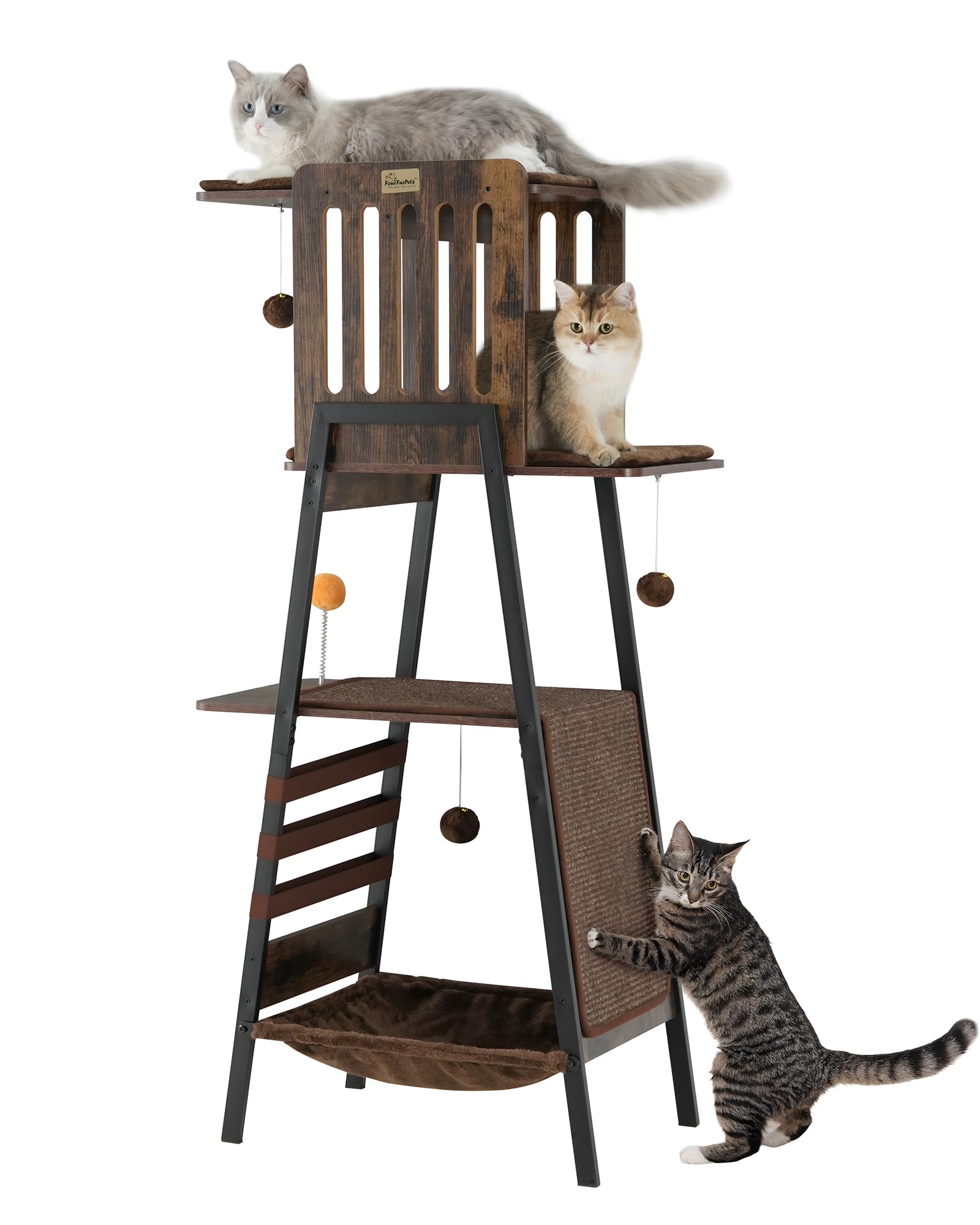 FourFurPets Modern Cat Tree, 58-Inch Cat Tower for Large Cats, Maine Coon Cat Tree with Scratching Board, Large Perch, Hammock and Removable Pads,