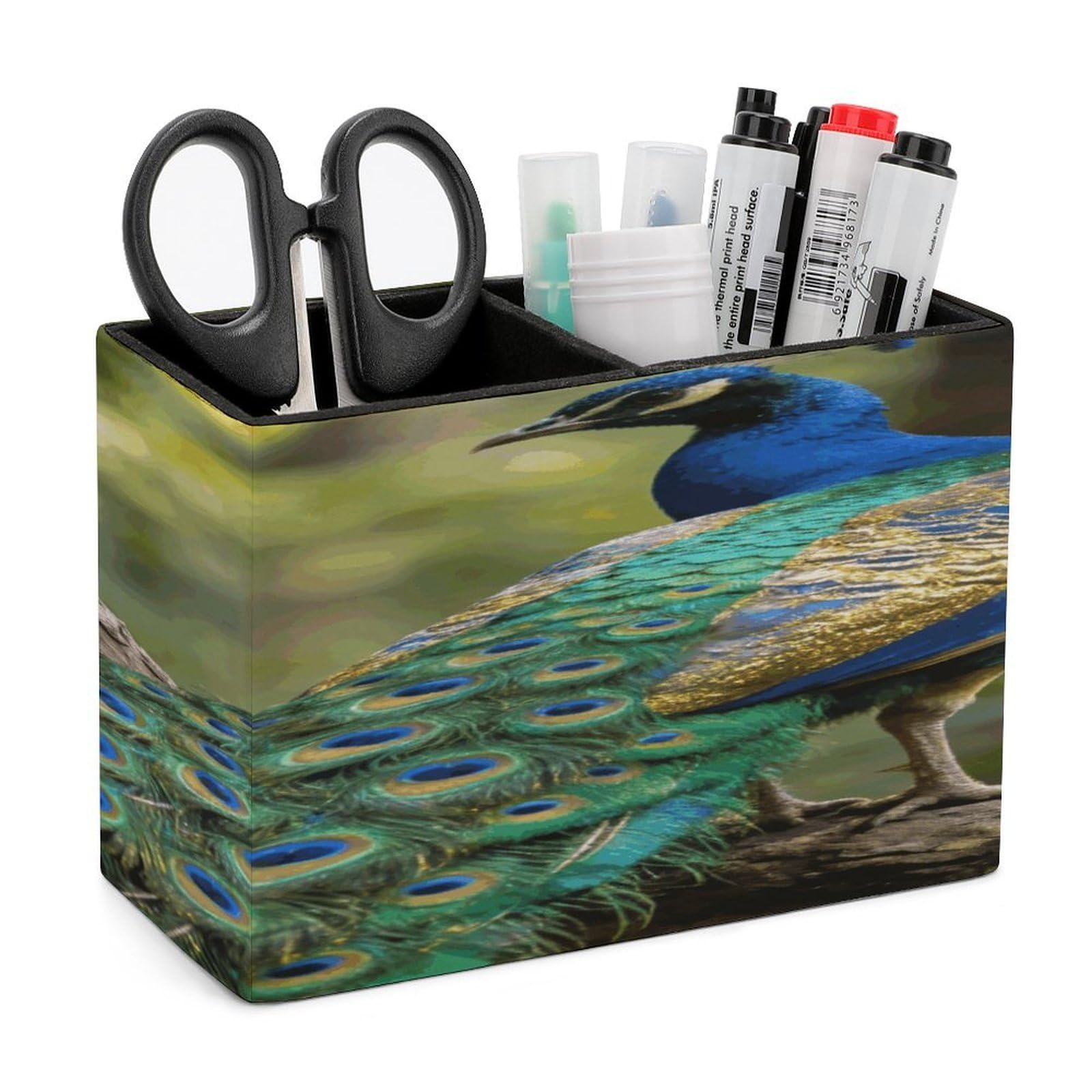 LZQPOEAS Colorful Peacock on A Tree Branch Pen Holder Double Compartments Pen Cup Makeup Brush Holders Leather Pencil Holder Locker Organizer for Work Locker Accessories Modern Pencil Cup for Desk
