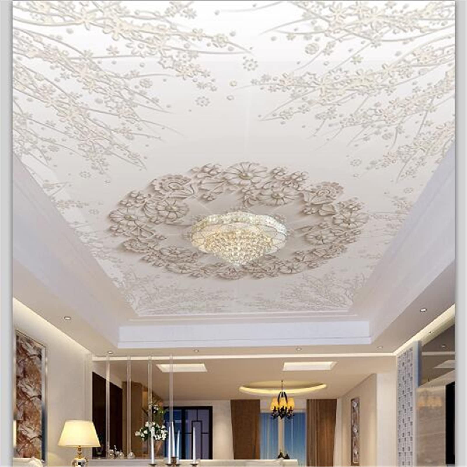 Papier peint de plafond 3D autocollant et lavable trompe l'oeil fleurs
