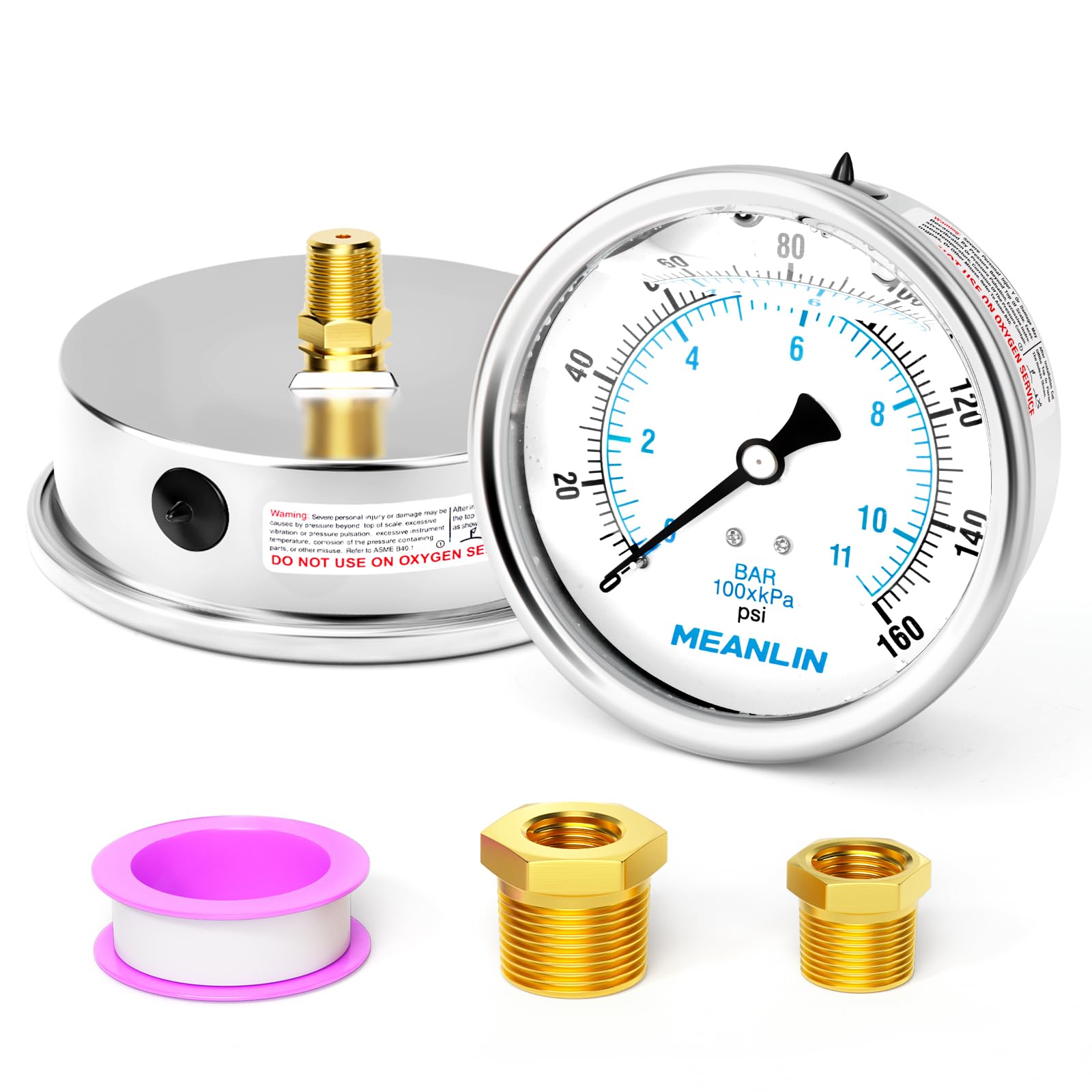 MEANLIN MEASURE 0~160Psi Stainless Steel 1/4" NPT 4" FACE DIAL Liquid Filled Pressure Gauge WOG Water Oil Air Back Mount, with 1/2" NPT and 3/8" NPT