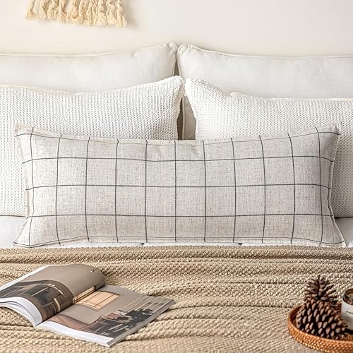 Miniatura 5 de CARRIE HOME Juego de 2 fundas de almohada lumbares a cuadros bohemios de 12 x 20 pulgadas, color crema y negro, decoración moderna de granja para