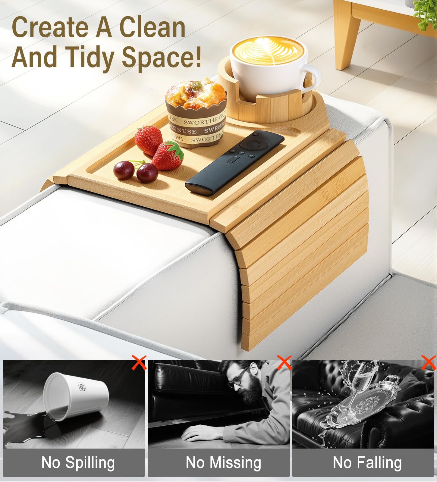 Bandeja de Brazo de Sofá, Mesa Bandeja de Bambú para Sofá, Bandeja para Brazo de Sofá con Portavasos, Organizador Antideslizante para Reposabrazos para Bebida, Taza, Merienda, Control, Natural
