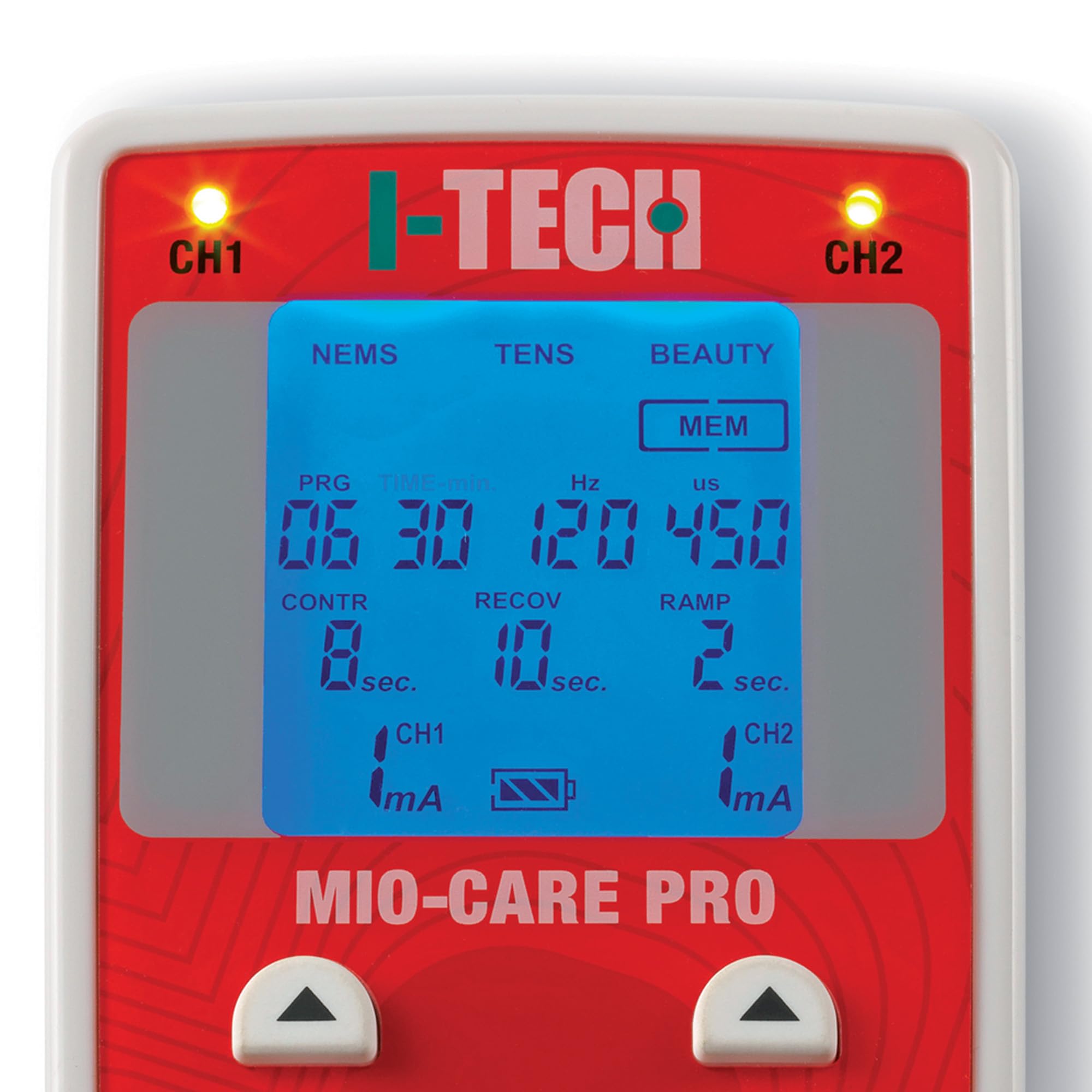 I TECH Mio-Care PRO, Elettrostimolatore 2 Canali Indipendenti, 8 Elettrodi, Display Retroilluminato, Max 100 mAh per Canale, 50 programmi: 14 medicali, 15 beauty, 21 fitness, 13 Memorie Libere