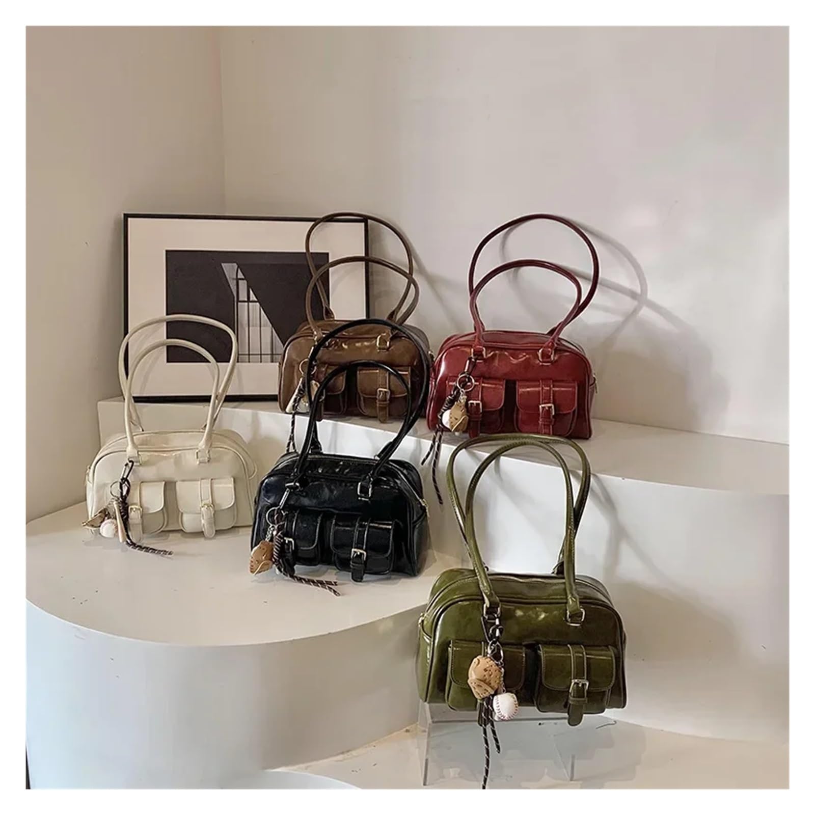 Bolso bandolera Retro Leather Pillow Bag Women's Commuter Bowling Handbag Shoulder Polyester Fiber Internal Structure