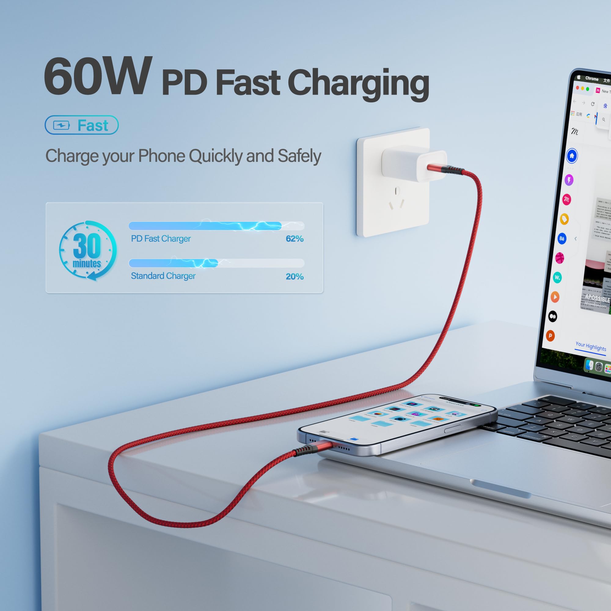USB C to USB C Cable 3Pack 1M,USB C Charger Cable 60W PD Type C Charger Fast Charging Compatible with iPhone 17/16/15 Pro Max Plus,iPad Pro/Air/Mini Samsung Galaxy and More — view 3