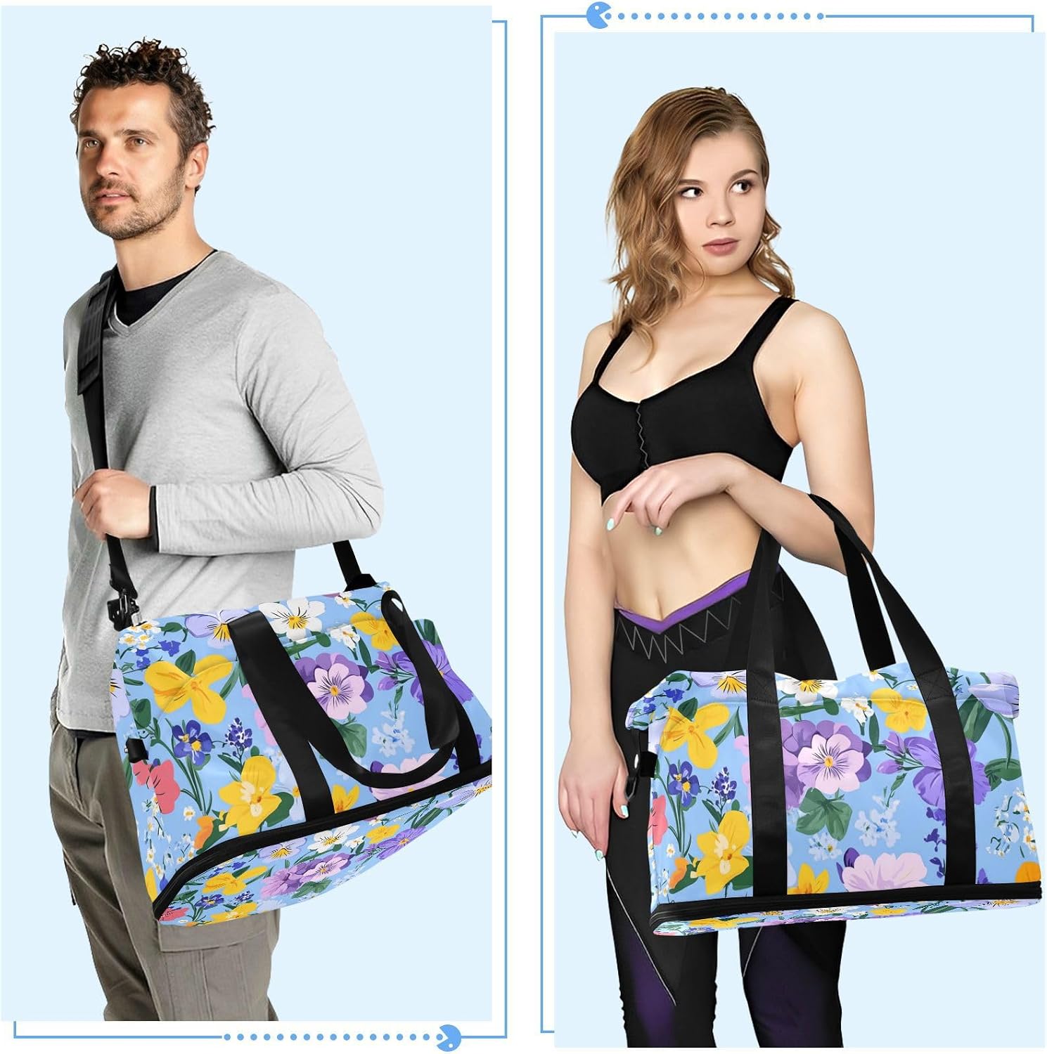 Oil Painting with Retro Flowers in Blue Sports Tote Gym Bag Travel Overnight Carry on Bag with Toiletry Bag for Yoga Large Capacity