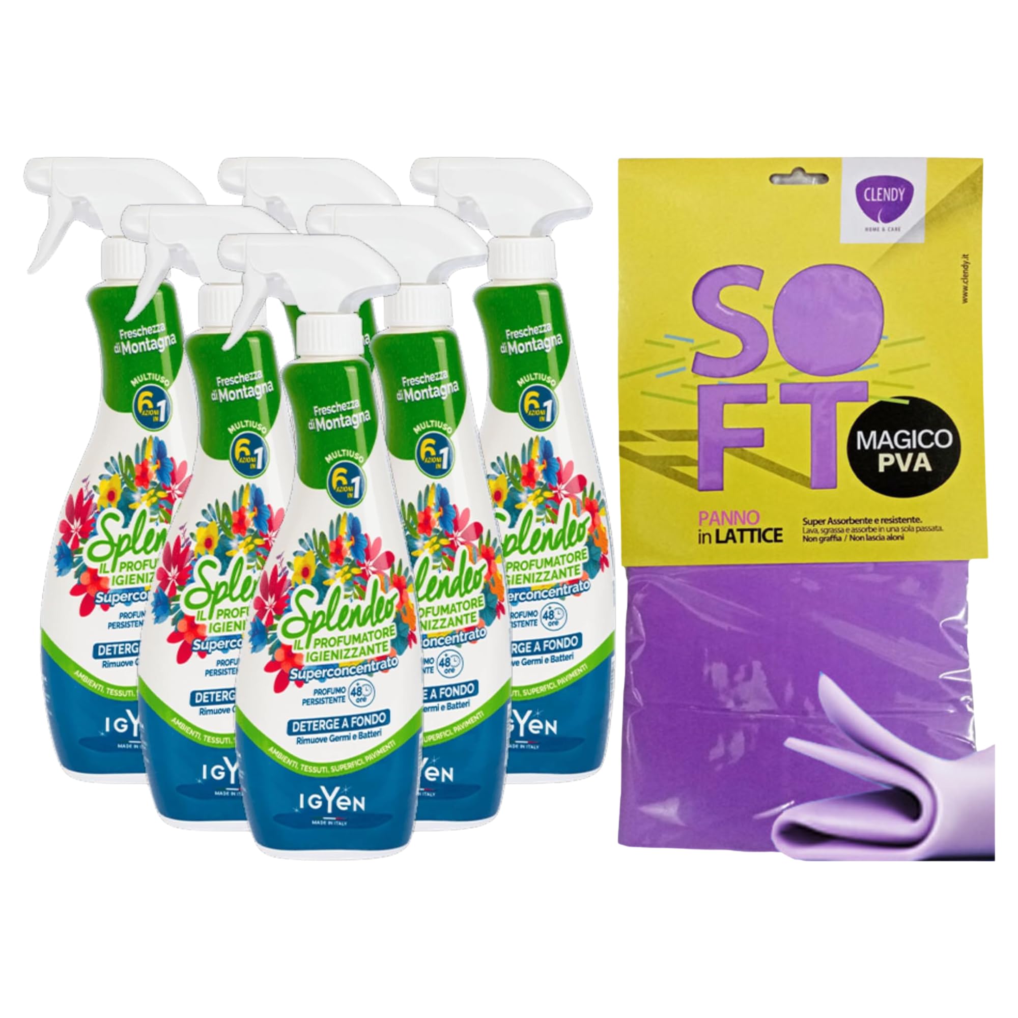 Detergente Multiuso Spray, Il Profumatore Igienizzante Superconcentrato, FRESCHEZZA DI MONTAGNA. Deterge a Fondo, Rimuove Germi e Batteri, 48h Di Pulito Profumato 750ml (6 Spray) + Panno In Lattice