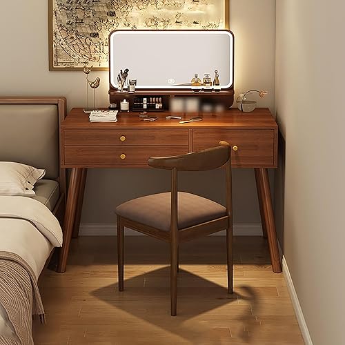 Miniatura 8 de Tocador con espejo de luces, escritorio de maquillaje de madera con taburete acolchado, moderno escritorio de tocador para dormitorio con taburete
