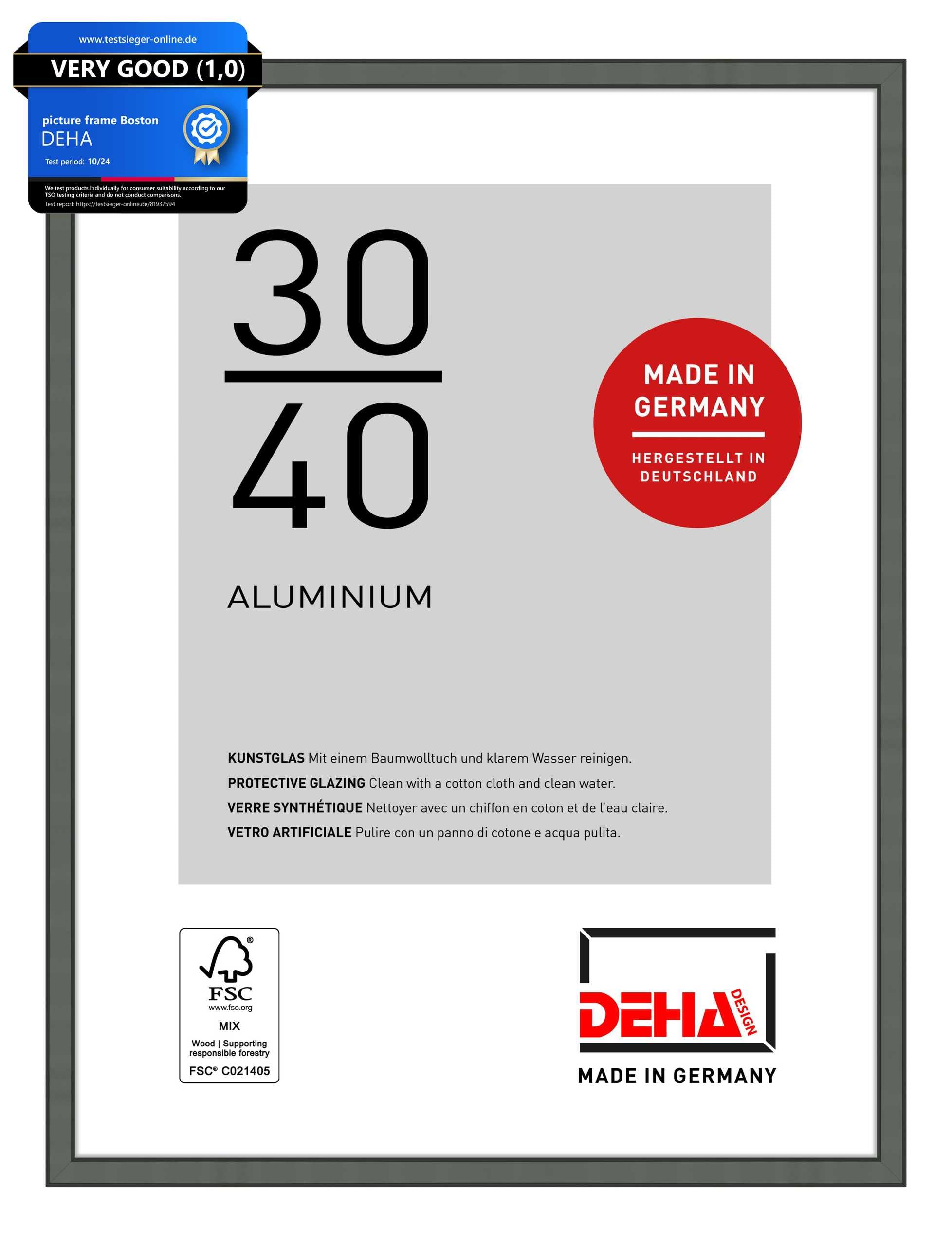 Deha Design Contrast Grey Boston Aluminium Picture Frame - 30X40 Cm – Grey - With Synthetic Glass And Push/Turn Clips