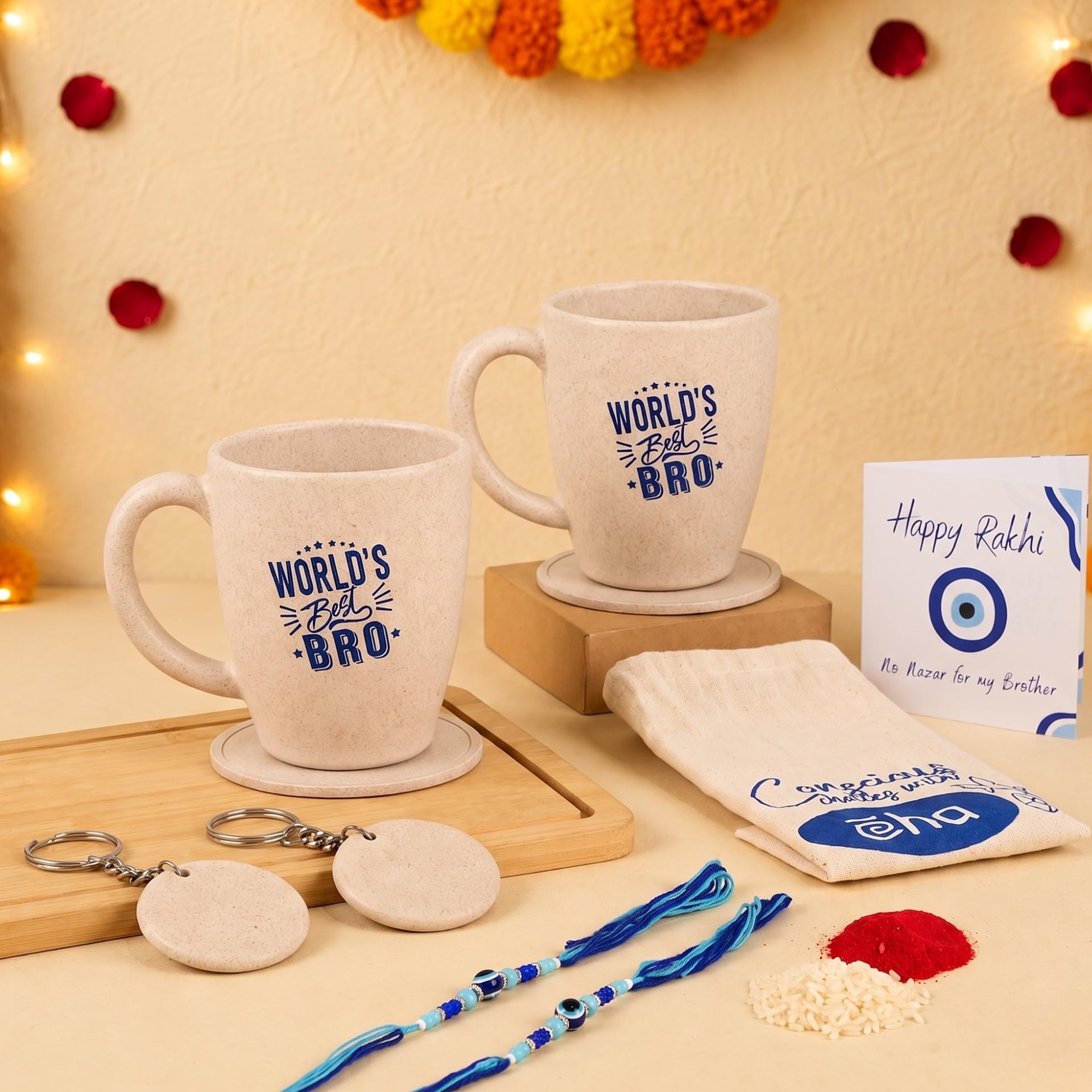 Eha Earth Friendly Rakhi Gift for Brother Made with Rice Husk | Set of 2 | Rakhi Set for Brother | Printed Mug & Rakhi Hamper | Gift for Rakshabandhan discount deal