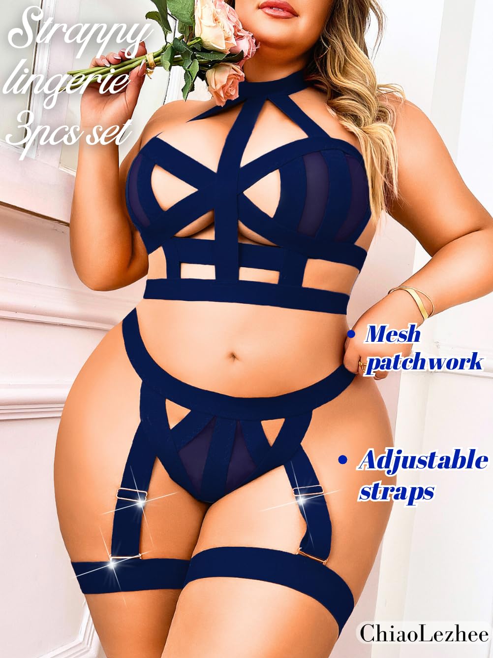 ChiaoLezhee Curvy Lady's Strappy Lingerie For Women, Plus Size Exotic Garter Thong, BBW Halter Gifts For Him 3 Piece Set: Dark Blue 18 Plus