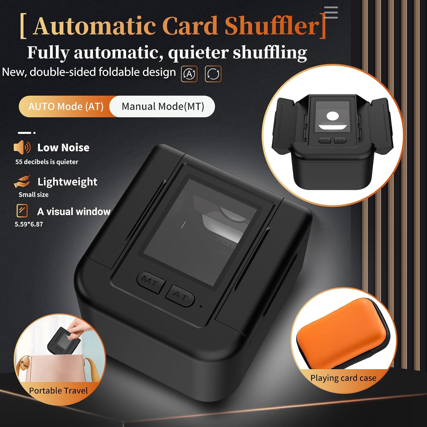 Rechargeable Automatic Card Shuffler with Card Case, Quiet Fast Shuffling Machine for UNO Skip-Bo Skyjo Texas Hold’em, One-Press Smart Auto & Manual Shuffling, Convenient, Party & Travel