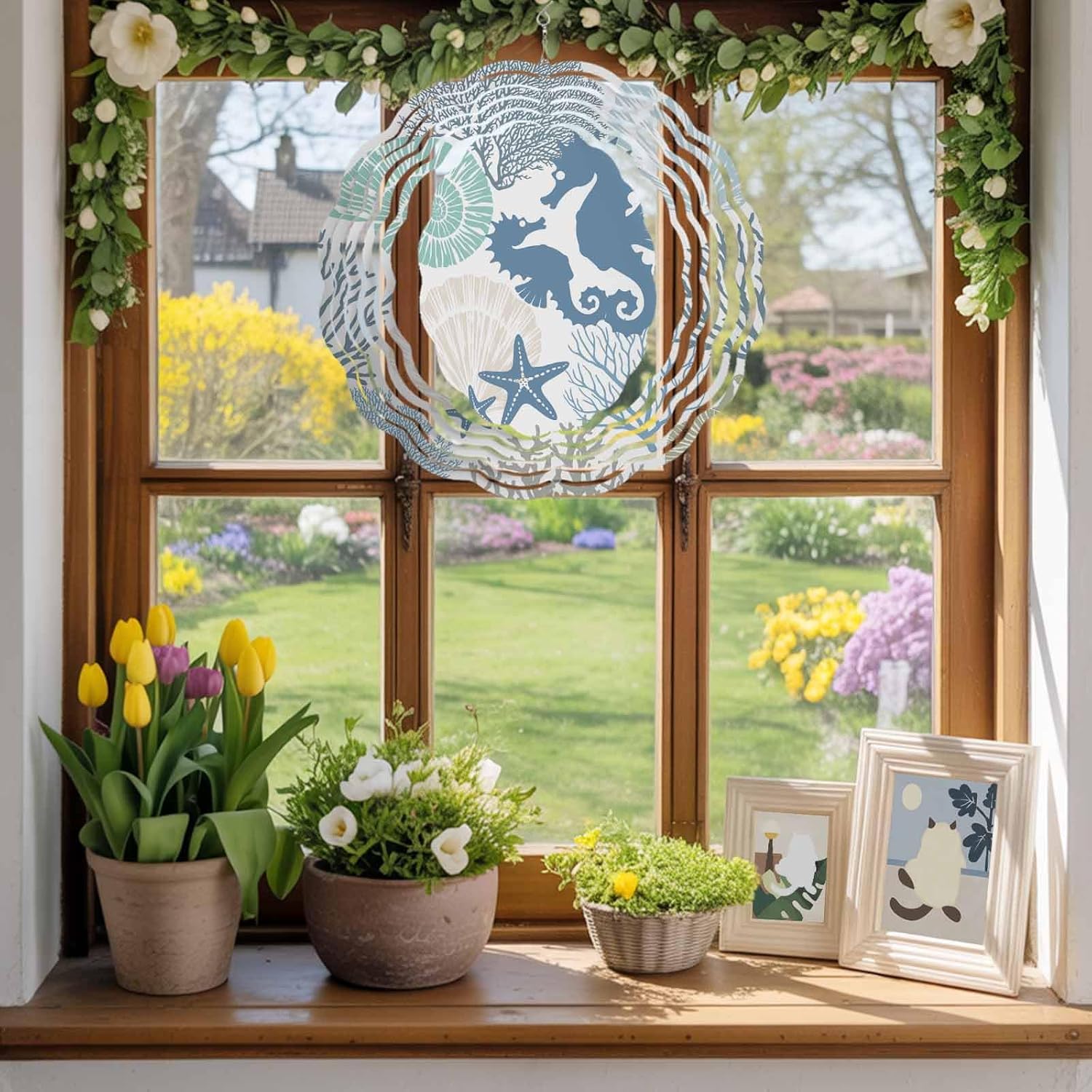 Coastal Blue Seahorse Starfish Wind Spinner for Garden Yard 3D Stainless Steel Hanging Wind Spinners, Ocean Starfish Coral Shell Conch Spinners Outdoor Metal Decor for Lawn Patio Home