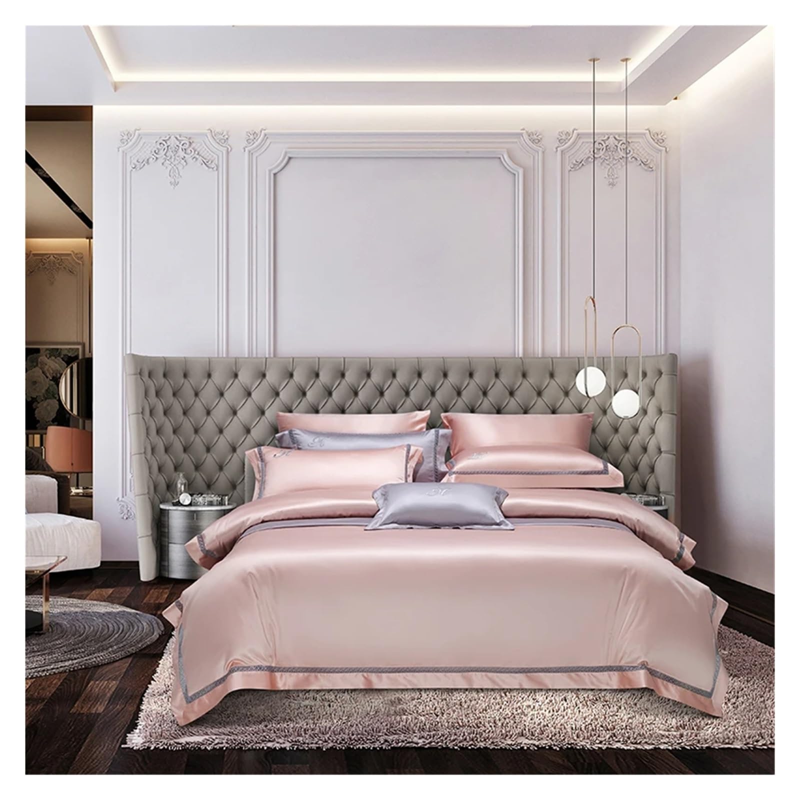 Sbcgfy Pink Bed Four Pieces Set, 1400Tc Egyptian Cotton 4Pieces Queen King Size Bedding Set Embroidery Bedlinen Bedsheet Set Duvet Cover Pillowcase,-Fitted Bed Sheet-King 4Pcs