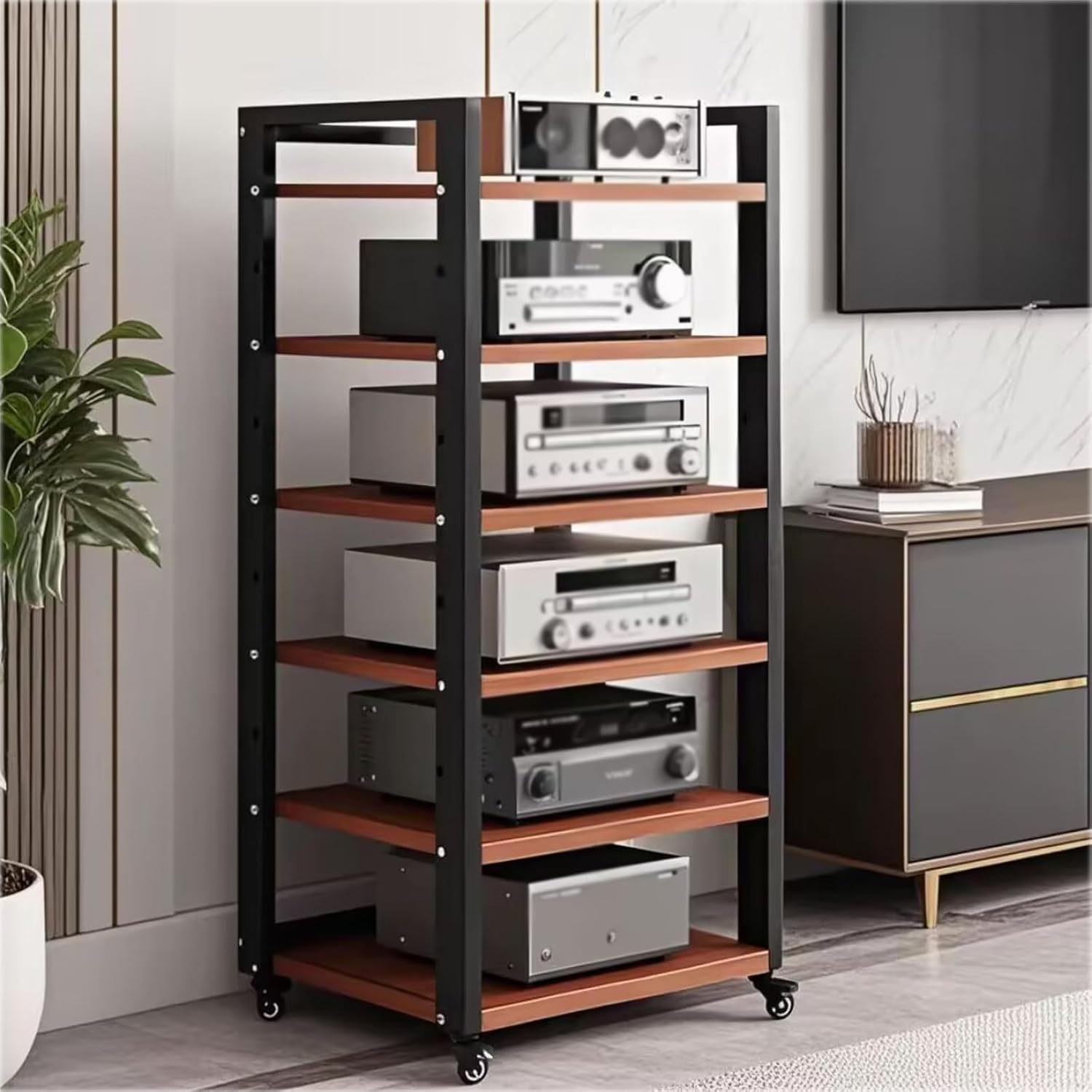 6 Tier Audio Rack Tower, Movable Record Player DVD Cd Audio Rack Tower Holder, Weight Capacity 661 Lbs, with Adjustable Wooden Suitable for Home and Office (YM, 6Tier:19.7 * 15.7 * 45in)