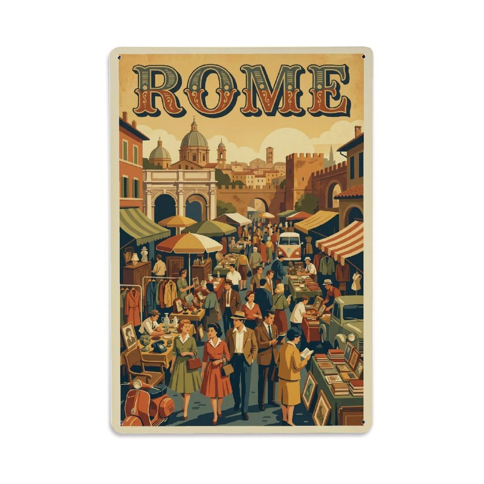 Vintage Travel Rome Porta Portese Sunday Flea Market Italy Metal Tin Sign Plaque Wall Decor for Cafe, Club Bar, Office, Home Garden Metal Poster 8x12Inch