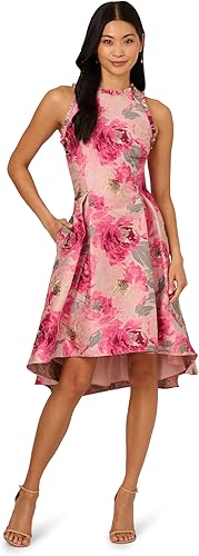 Adrianna Papell Women's High Lo Jacquard Midi Dress Pink Multi 8