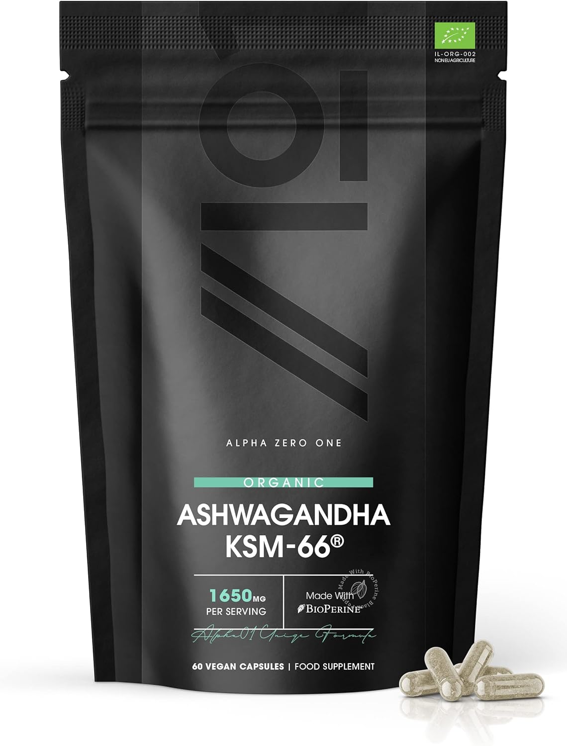 Organic Ashwagandha KSM-66® with BioPerine® – 1650mg – 5% Withanolides – Most Bioavailable Full-Spectrum Root Extract – Not Tablets or Powder – 60 Vegan Capsules Bag