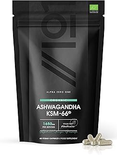 Organic Ashwagandha KSM-66® with BioPerine® - 1650mg - 5% Withanolides - Most Bioavailable Full-Spectrum Root Extract - Not Tablets or Powder - 60 Vegan Capsules Bag