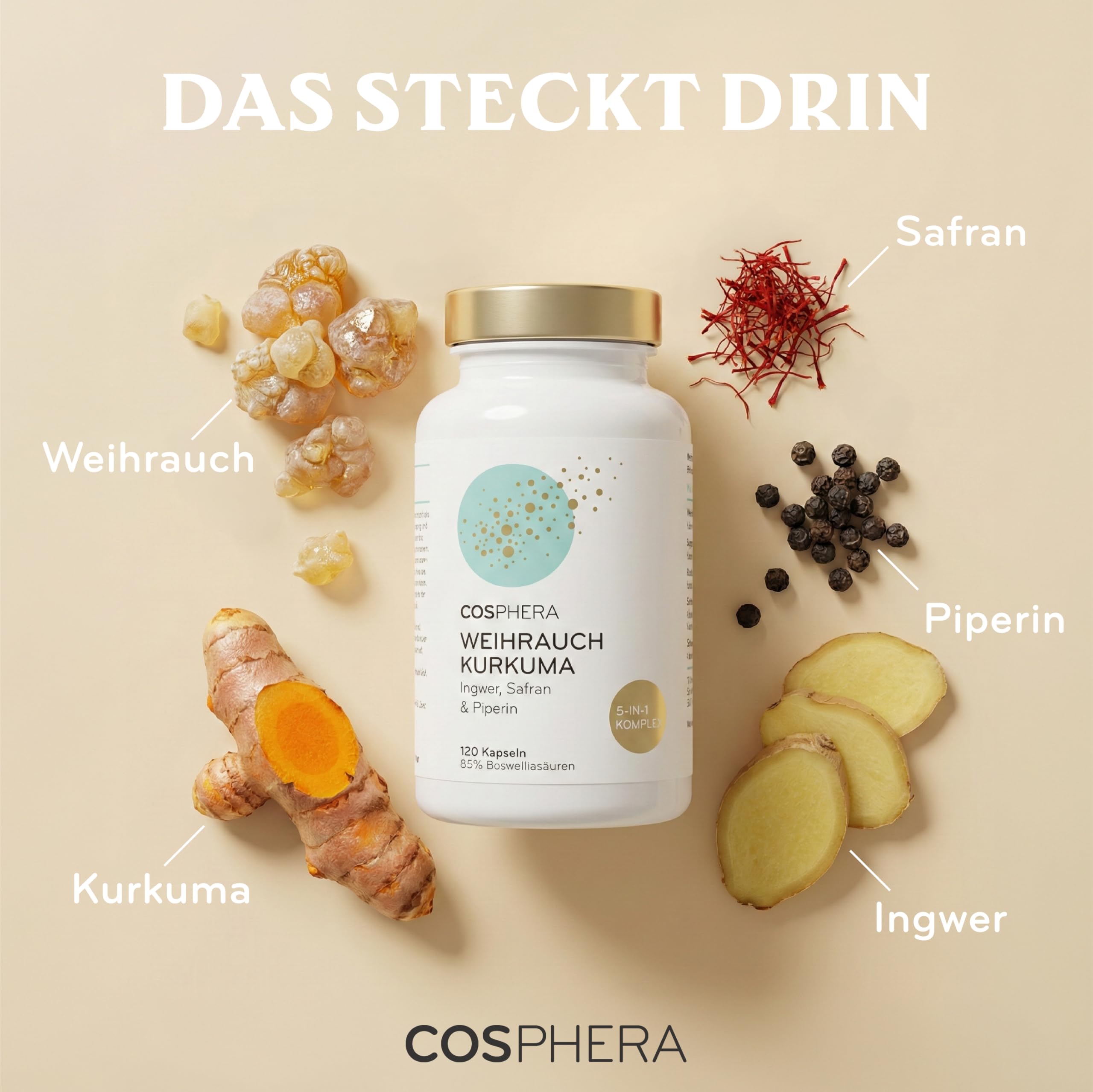 Weihrauchkapseln hochdosiert - Kurkuma, Piperin, Ingwer & Safran - Veganer 5-in-1-Komplex mit Boswellia Serrata (85% Boswelliasäuren) - 120 Kapseln für 2 Monate - COSPHERA