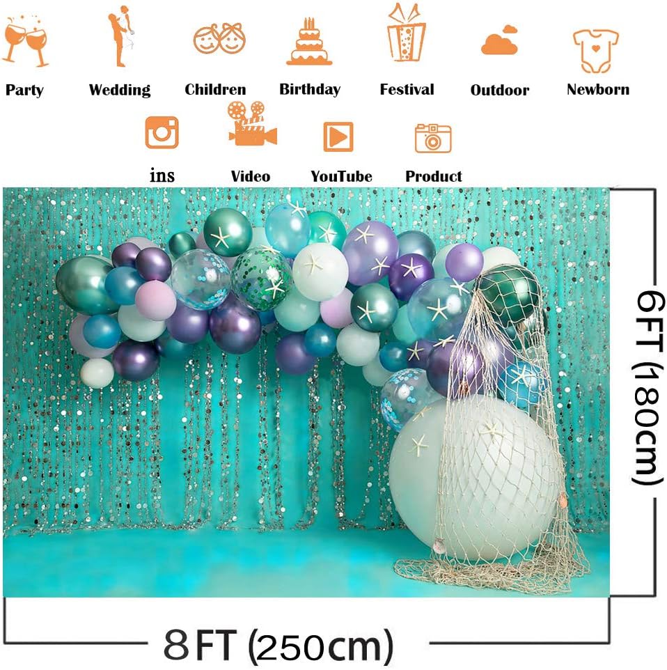 Avezano Little Mermaid Portrait Backdrop for Photography Balloons Glitter Sliver Blue Background Under The Sea Birthday Cake Smash Newborn Children Photo Background Photocall (8x6ft)