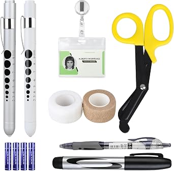 BOVKE 12 Pcs Nurse Tools Set, Medical Supplies Nurse Accessories for Work Includes Medical Scissors, 2 Penlights with Batteries, Bandage Wraps, Name Card Holder Nursing School Essentials, Yellow