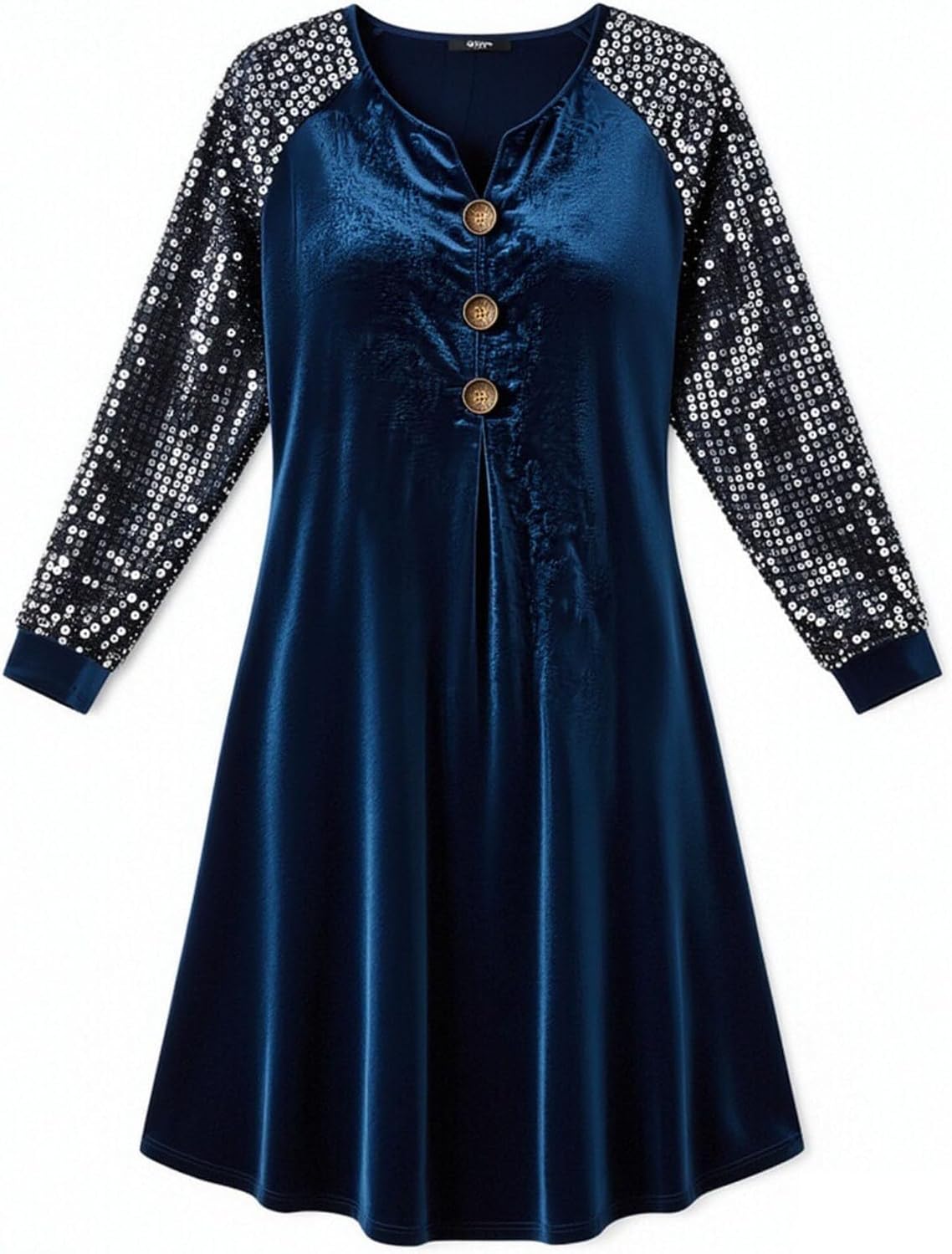 Women Velvet Midi Dress Sequin Long Sleeve Button A Line Dresses