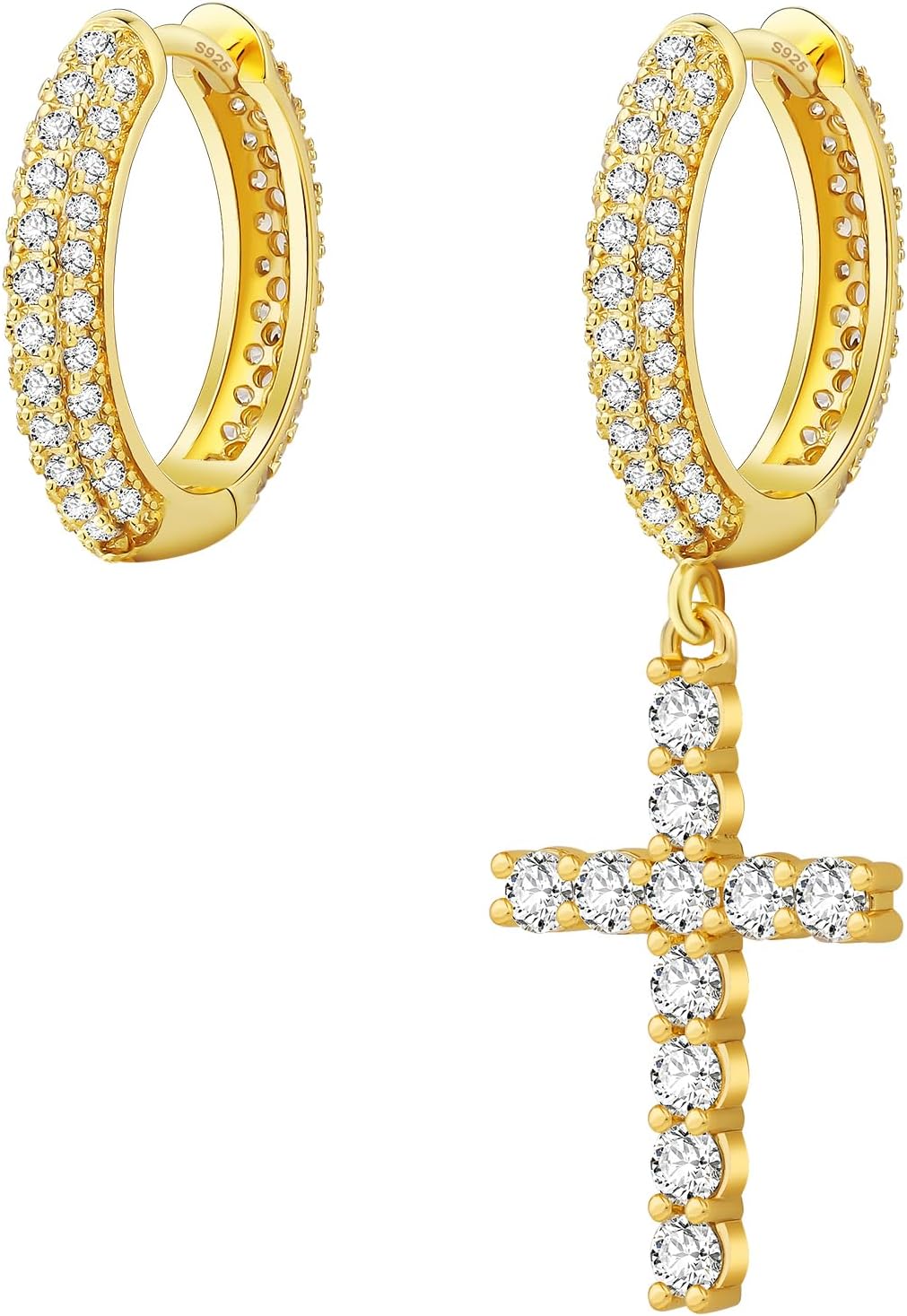 KRKC Cross Dangle Earrings - Sterling Silver Hoop, 14K Gold Plated, Cubic Zirconia, Hypoallergenic, 15mm Effortless Wear Drop Round Earrings For Men Birthday Gift