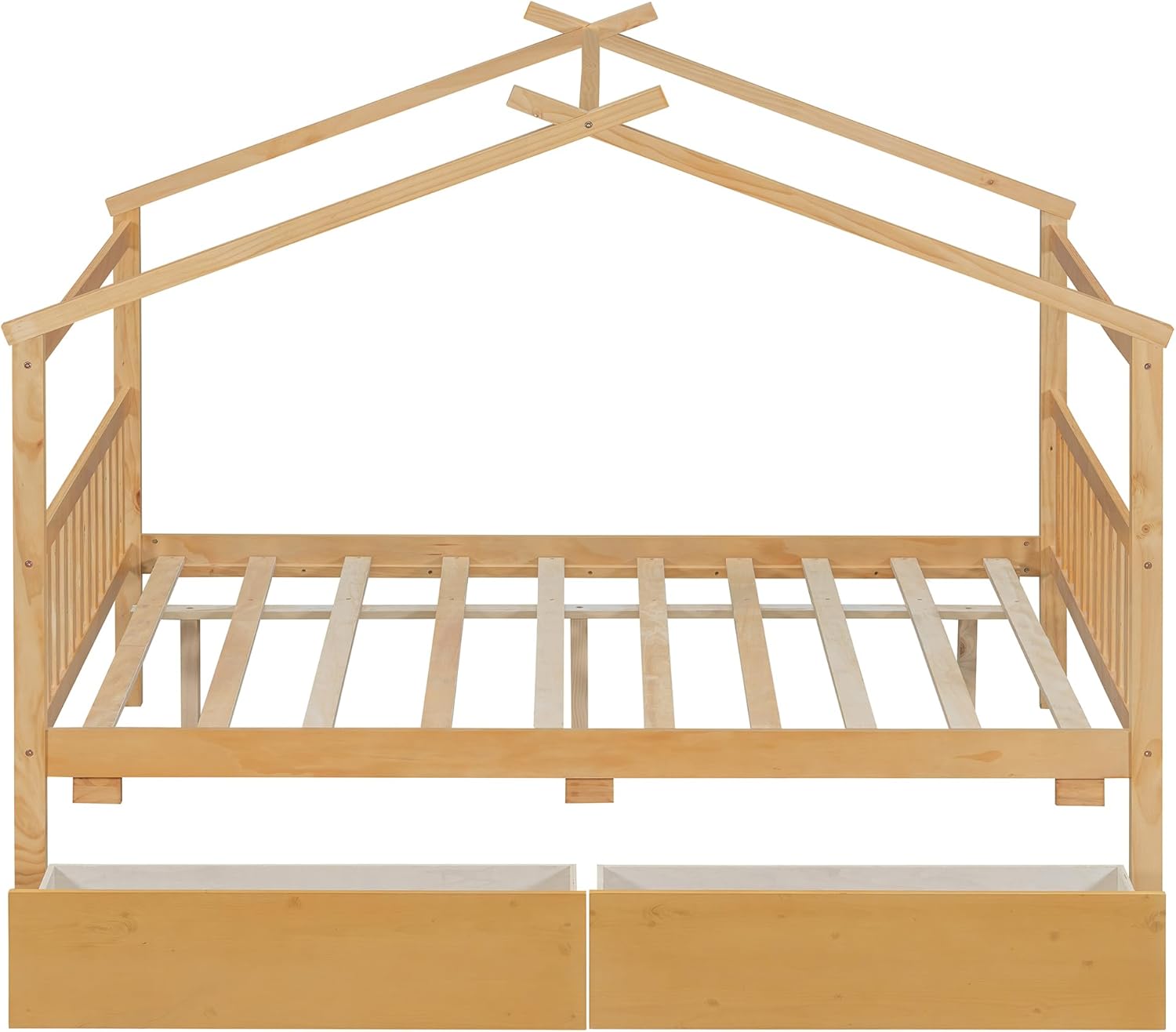 Merax Full Size Wooden House Bed with Two Drawers, Wood Bed Frame with Roof for Kids, Teens, Boys or Girls, Natural