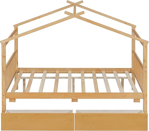 Miniatura 88 de Merax Cama de madera de tamaño individual con dos cajones, marco de cama de madera con techo para niños, adolescentes, niños o niñas, gris