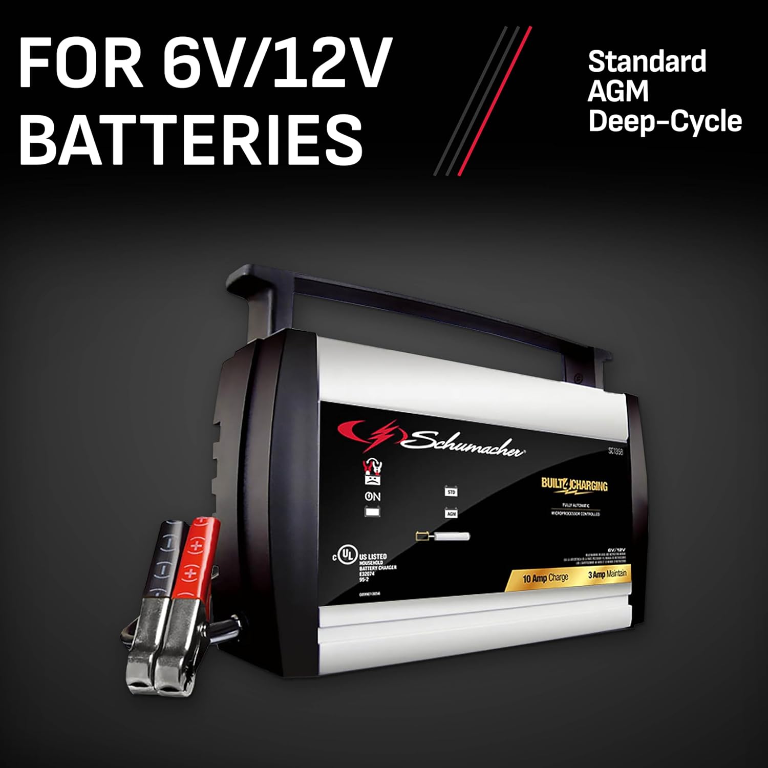 Schumacher Electric Battery Charger and Maintainer, SC1358, 3-in-1, Fully Automatic, 10 Amps, 6 Volt, 12 Volt, for Motorcycle, Lawn Tractor, Power Sport, Car, and Marine Batteries