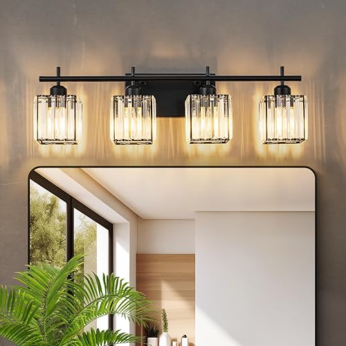 Luces modernas de tocador de baño de cristal de 28.2 pulgadas, 4 luces de pared negro mate, accesorios de iluminación de baño sobre espejo, 4 luces