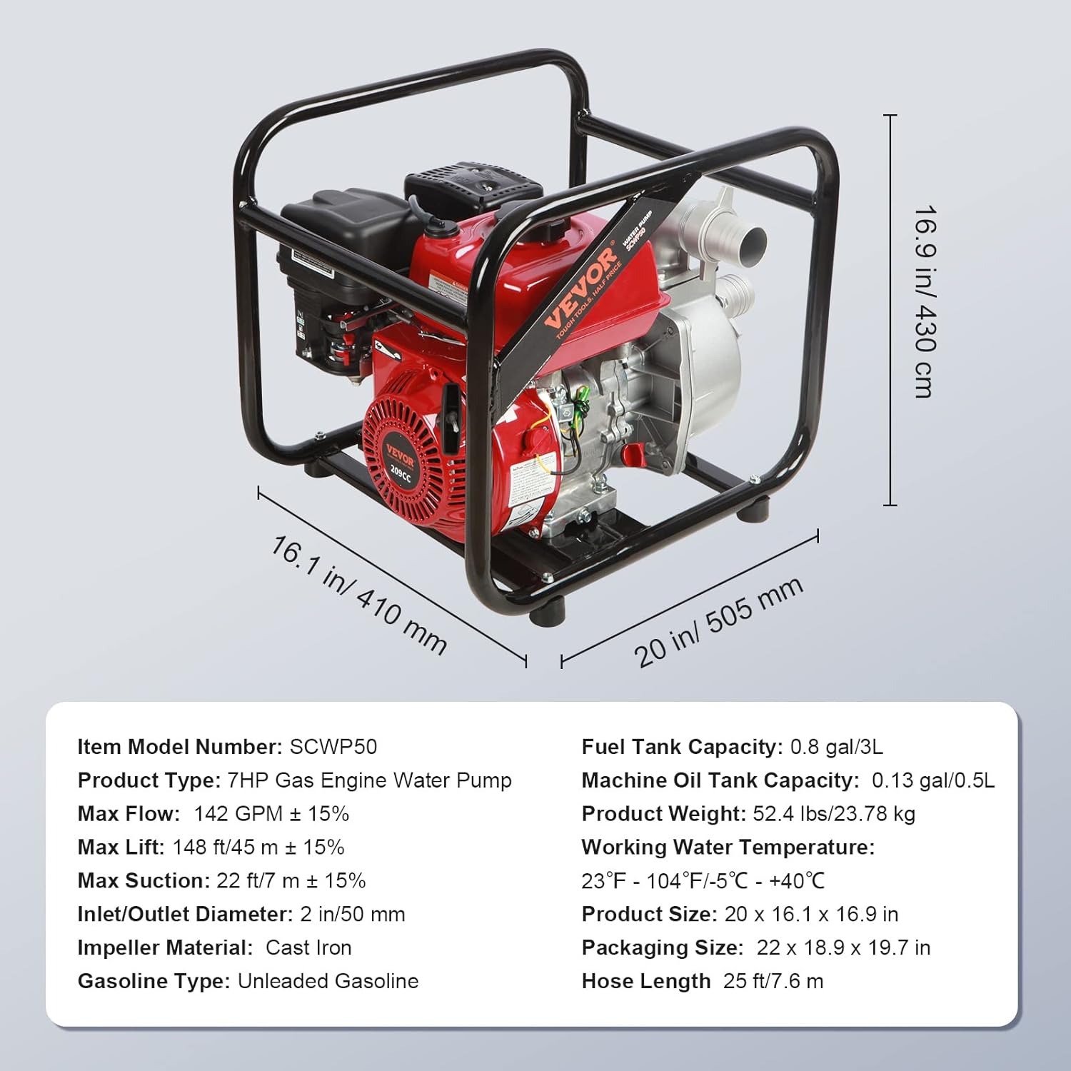 VEVOR Trash Pump 2 inch, 7HP 142 GPM, 4-Cycle Engine, Gas Powered Water Pump 148ft Lift, Gasoline Engine Water Pump 22ft Suction, Water Transfer Pump with 25ft Hose, EPA Certified