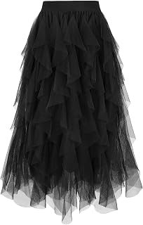 WERFORU Damen Tüllrock Elastisch Taille Midi Rock High Low Layered Puffy Fee Röcke Tutu Rock