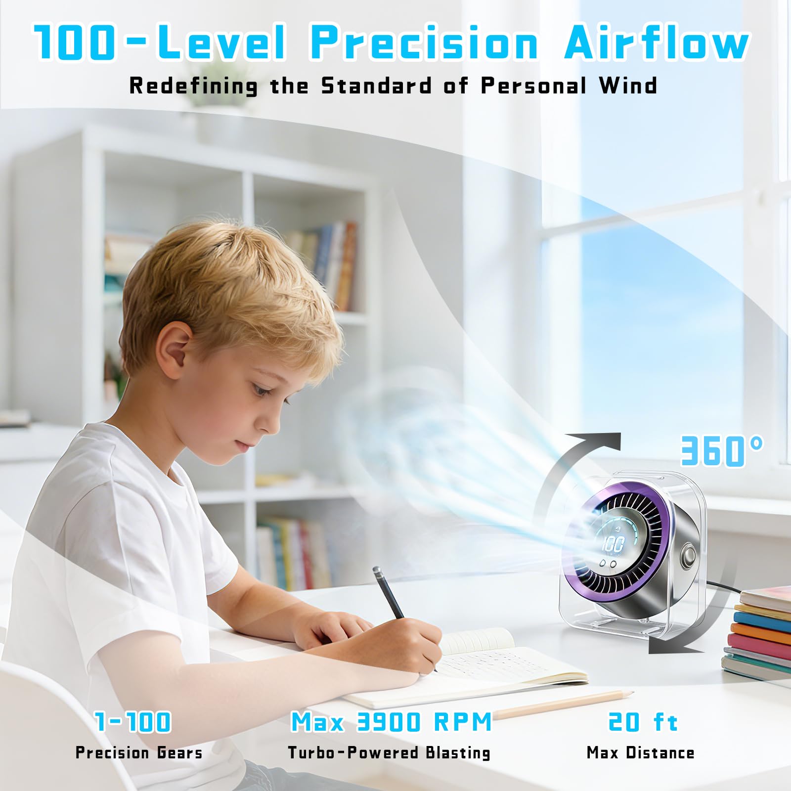 FOWSEEK Ventilador de escritorio pequeño portátil, 100 velocidades, 360°