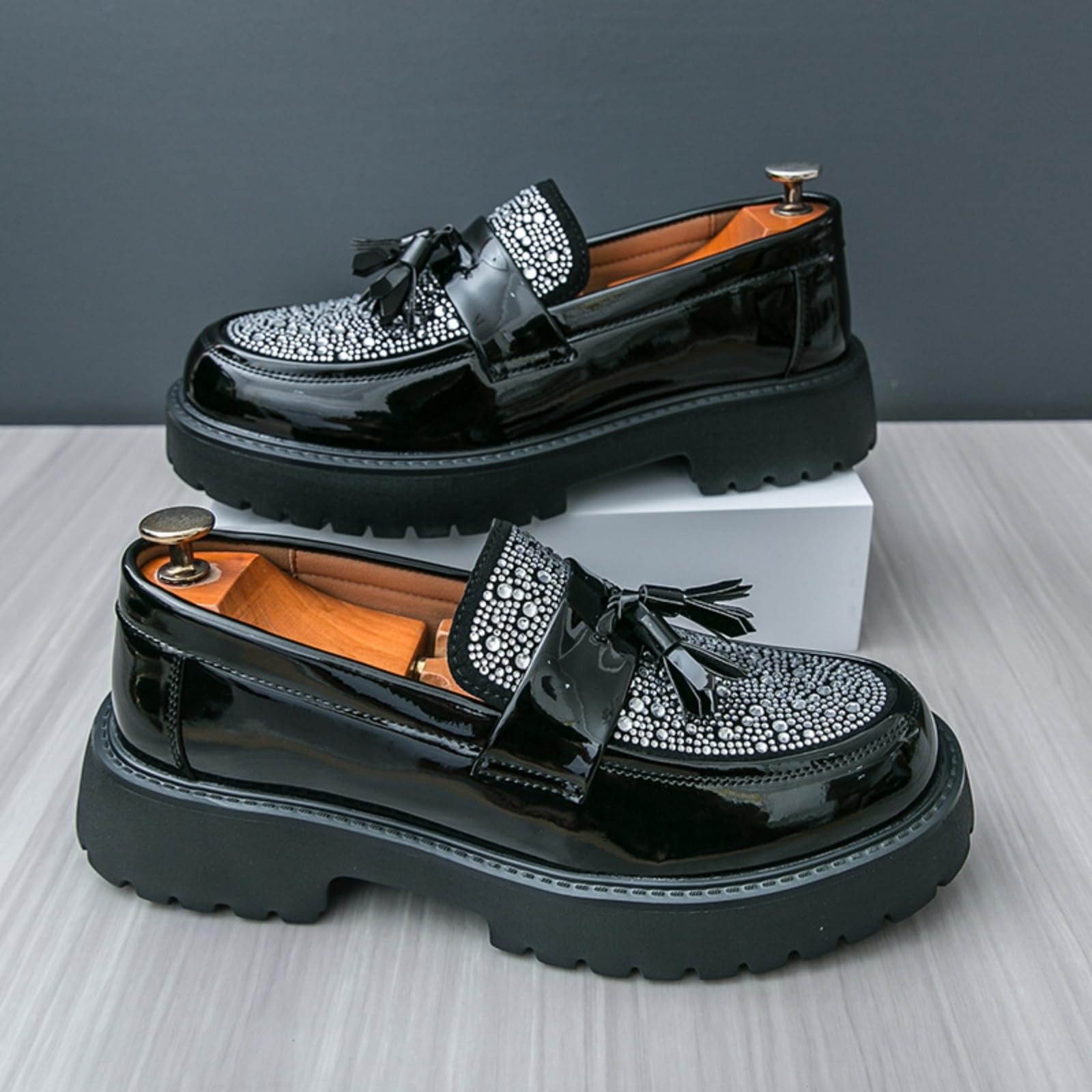Mocasines Plataforma Piel Charol Hombre Zapatos Vestir Sin Cordones | Borla Brillante Con Purpurina, Puntera Redonda Y Ancha, Zapatos Formal Business Casual, Para Bodas Oficina