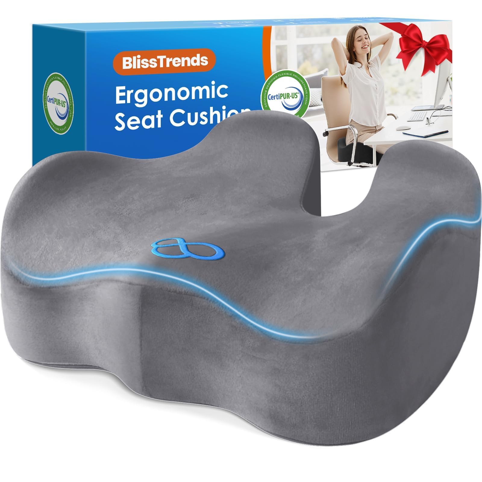 BlissTrends Extra Thick Seat Cushion for Office Chair &amp; Car Seat, LightGrey