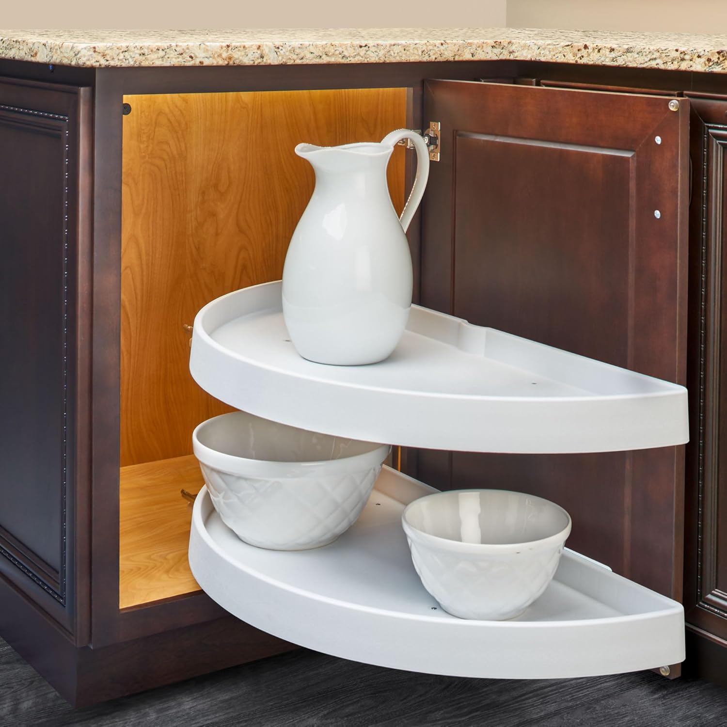 Rev-A-Shelf 33" Pull Out Half Moon Shelves for Blind Corner Kitchen/Bathroom Cabinets, 2 Shelf Sliding Organizer with Hardware, White, 6882-33-11-570