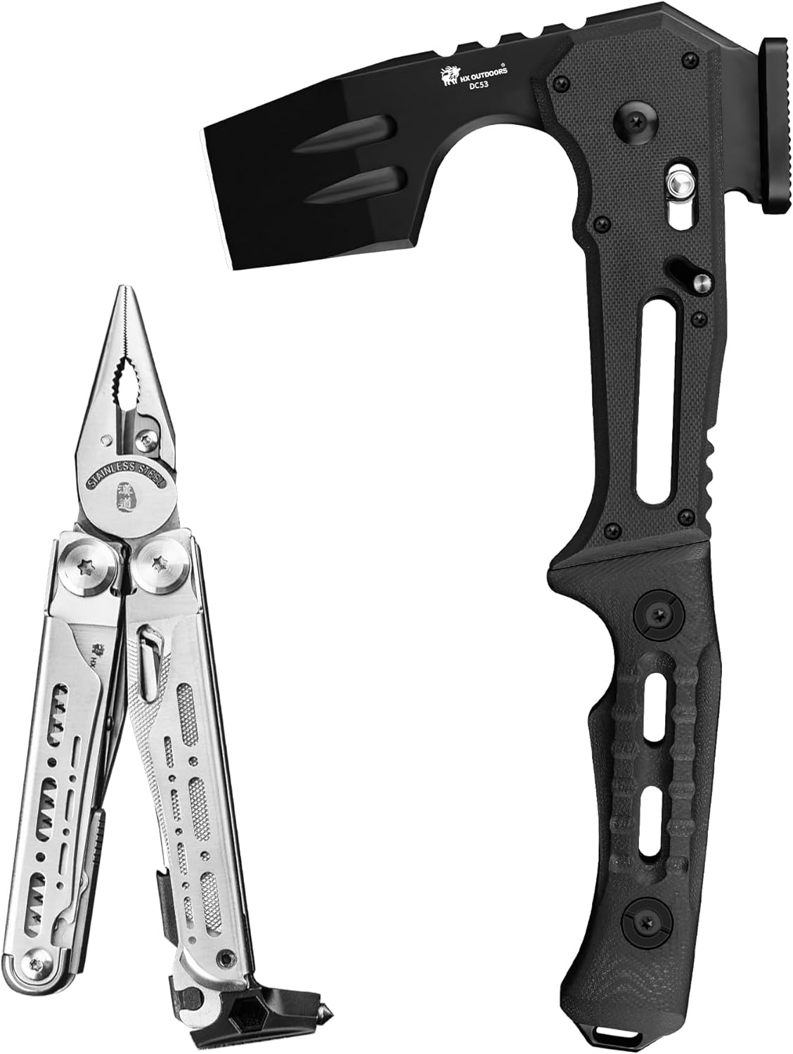 HX OUTDOORS Folding Tactical Axe and 19 in 1 Multi Tool Survival Combo – DC53 Steel Blade Stainless Steel Multitool for Camping Outdoor Emergency(Sliver)