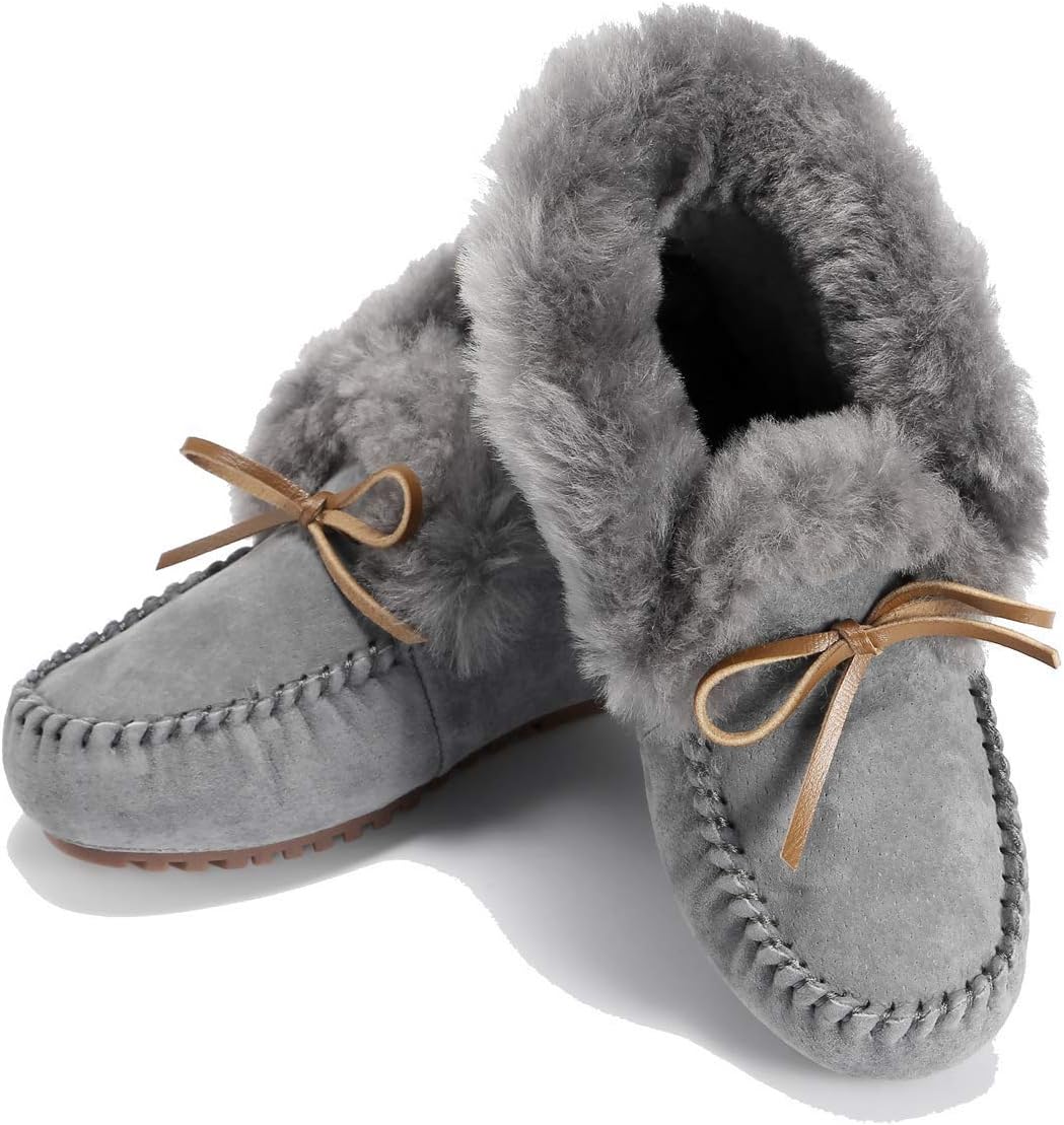 U-lite Women's Moccasin Slippers with Warm Wool Lining, Pigskin Leather Non-Slip Rubber Sole for Indoor and Outdoor Casual Winter Flat Shoes