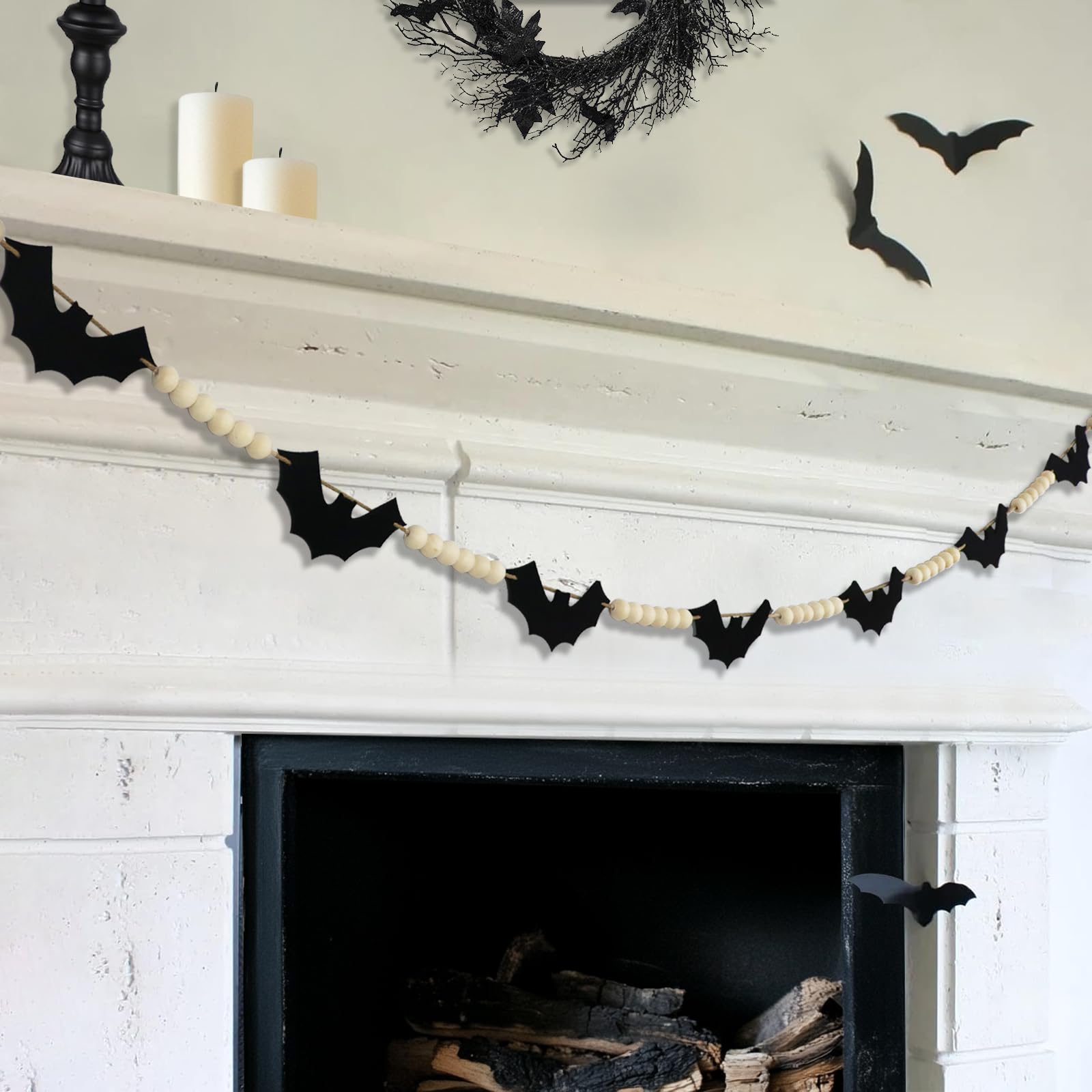 Halloween Garland With Felt Bats & Wood Beads - Adjustable Spooky Decor For Fireplace & Walls